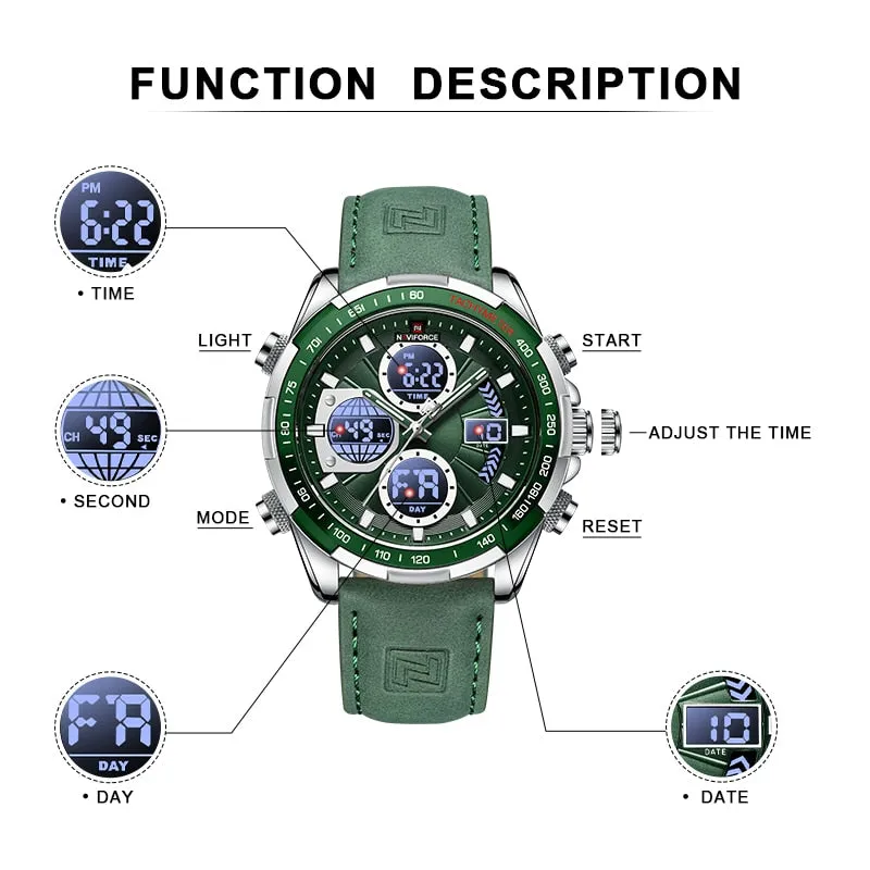 NAVIFORCE Military Watches for Men Luxury Genuine Leather Strap Sport WristWatch Waterproof Quartz Big Clock Digital Male Watch