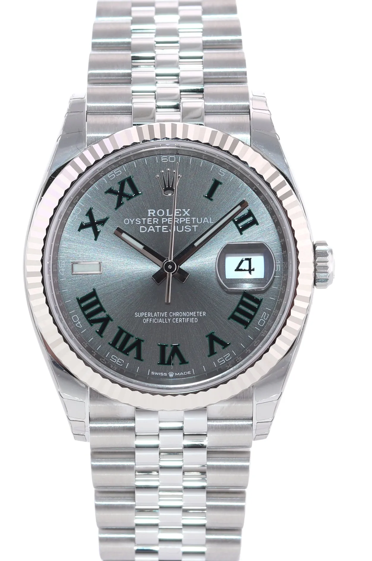New 2022 Rolex DateJust Wimbledon Jubilee 126234 Steel White Gold Fluted Watch