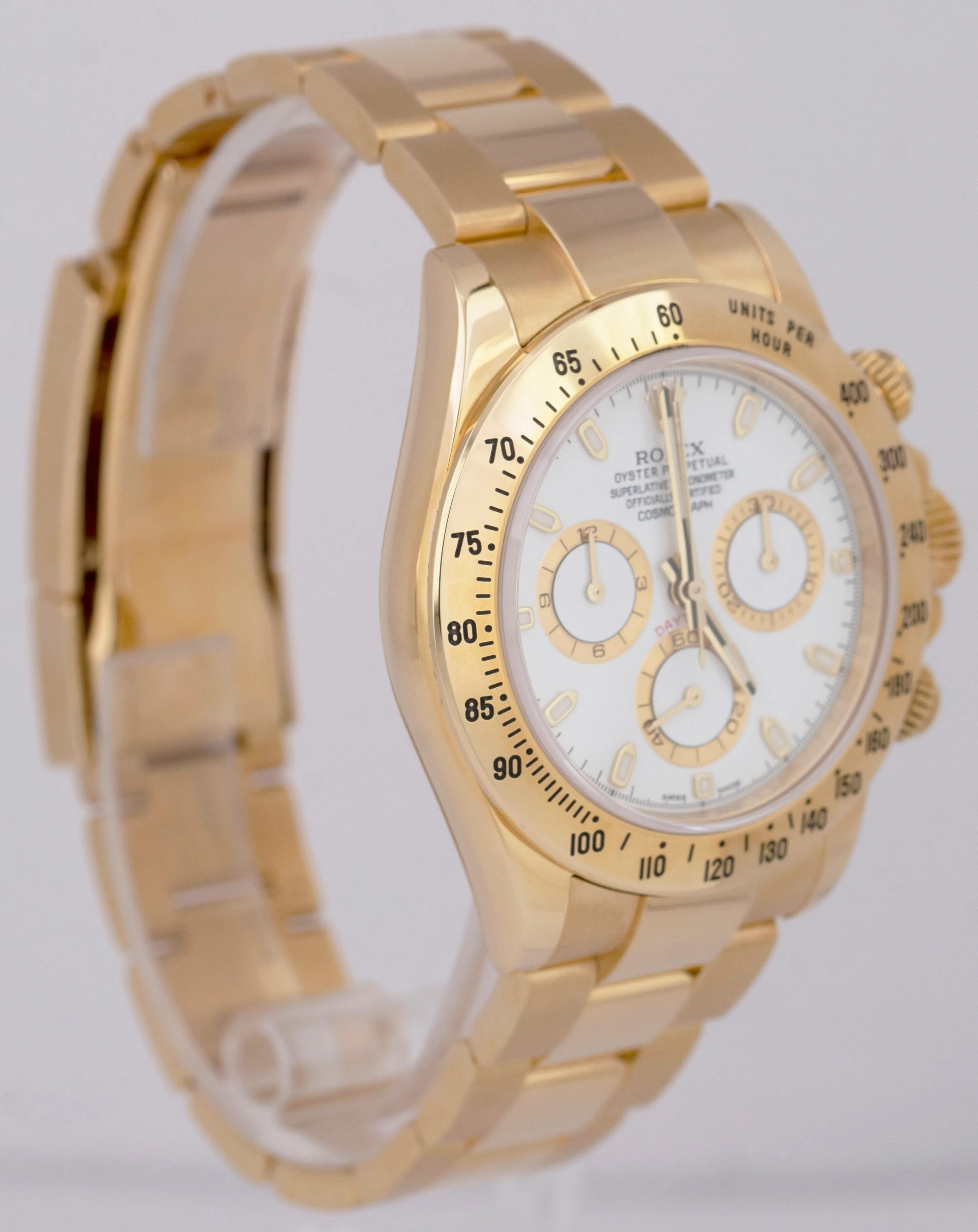 NOS Rolex Daytona Cosmograph FAT BUCKLE Gold PAPERS 40mm WHITE Watch 116528 B P