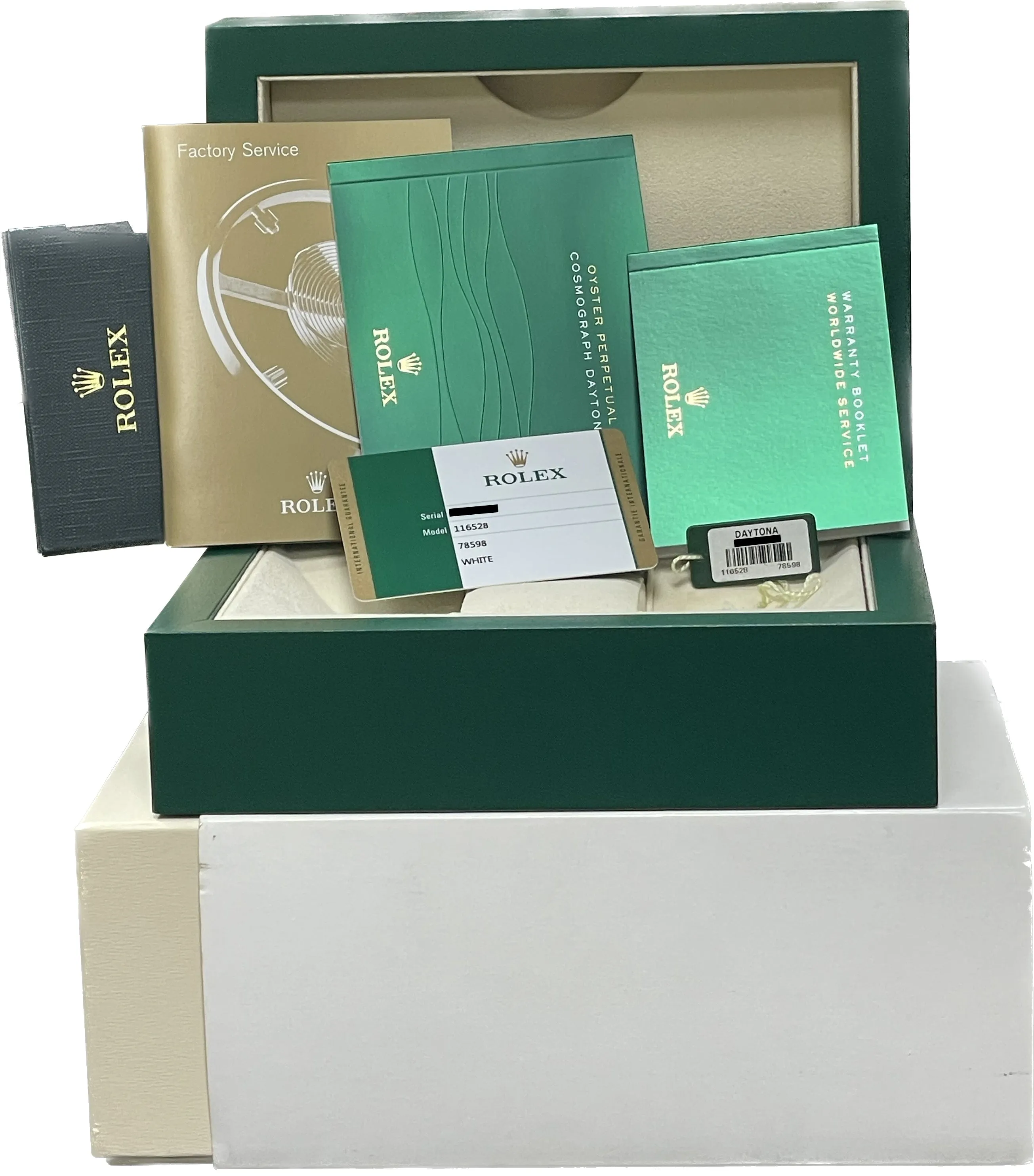 NOS Rolex Daytona Cosmograph FAT BUCKLE Gold PAPERS 40mm WHITE Watch 116528 B P