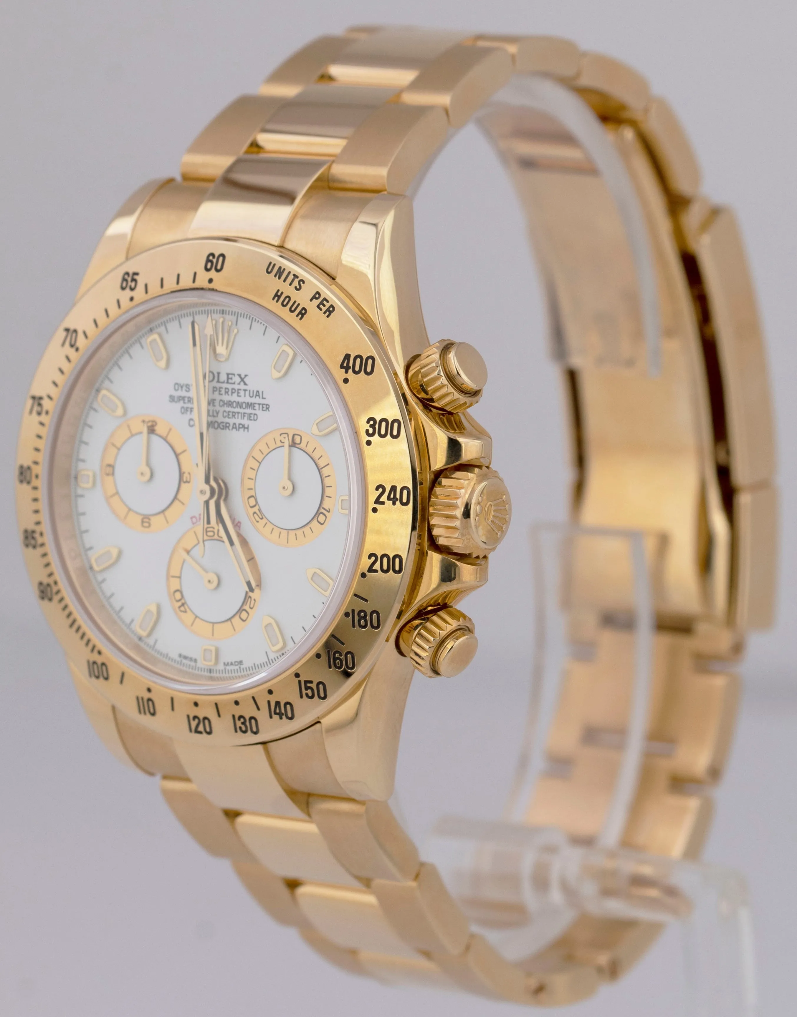 NOS Rolex Daytona Cosmograph FAT BUCKLE Gold PAPERS 40mm WHITE Watch 116528 B P