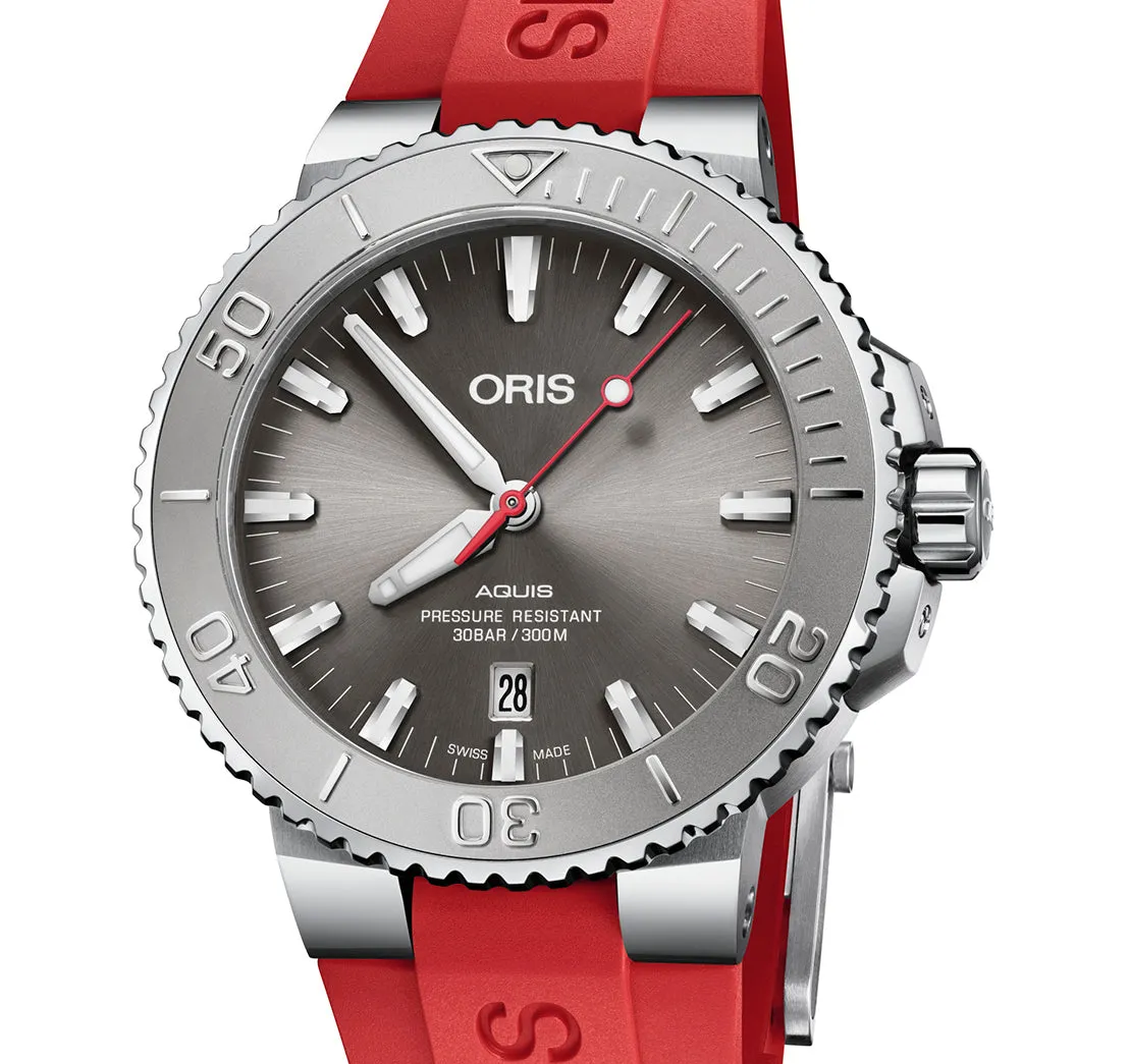 Oris Aquis Date Relief Watch with Grey Dial and Red Rubber Strap