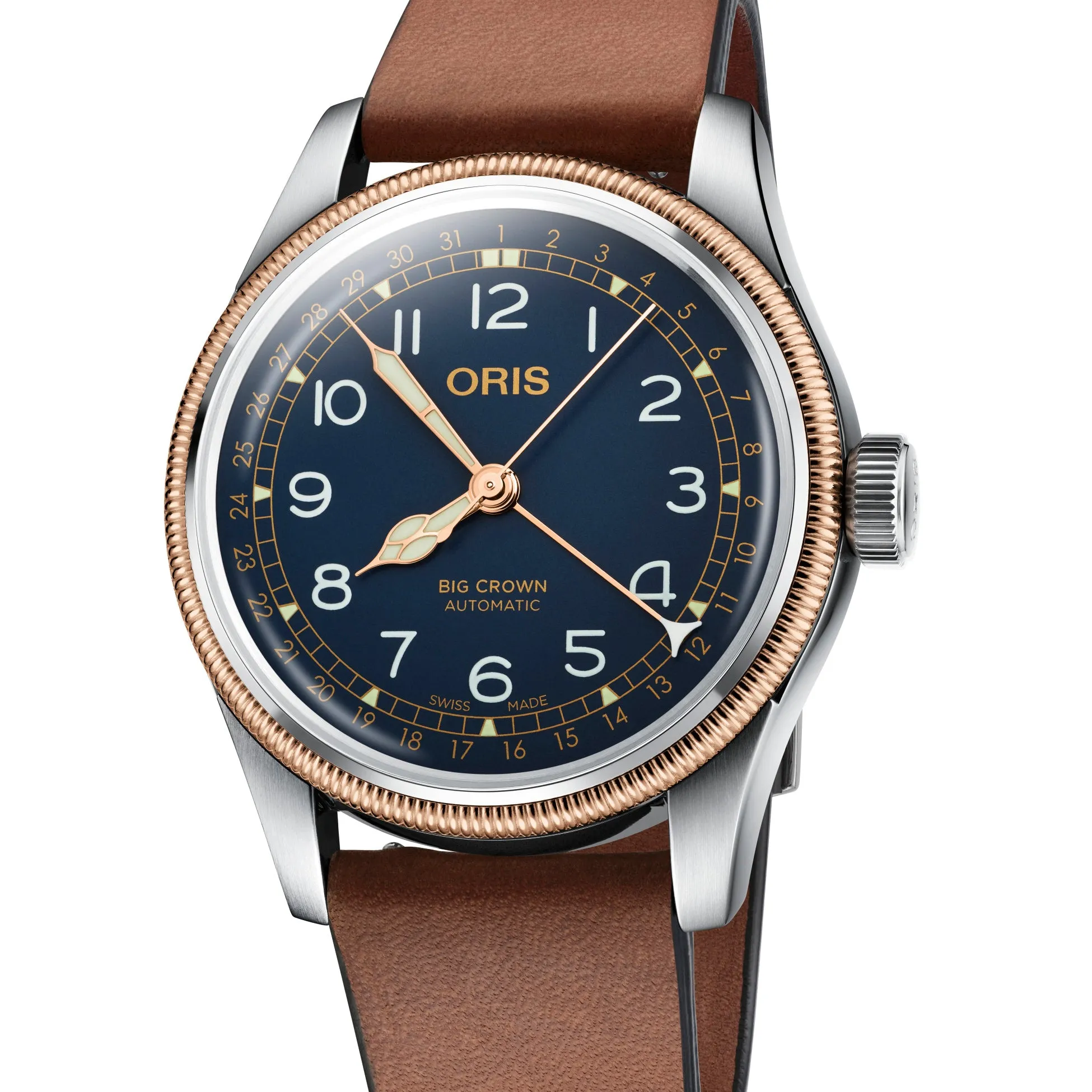 Oris Big Crown Pointer Date Blue Dial Watch with Bronze Top Ring and Leather Strap