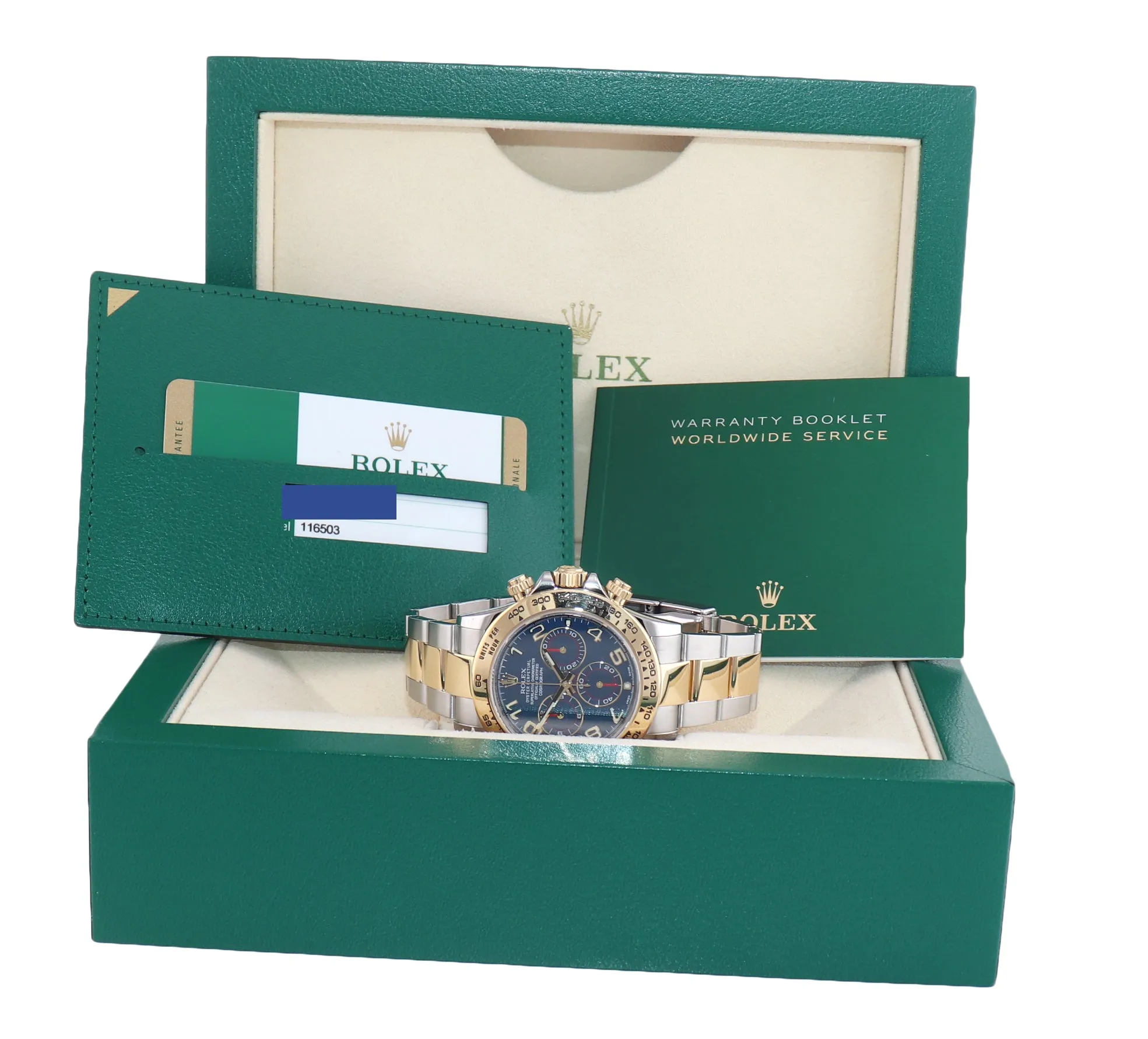 PAPERS Rolex Daytona Blue Racing Chrono 116503 Two Tone Steel Yellow Gold Watch
