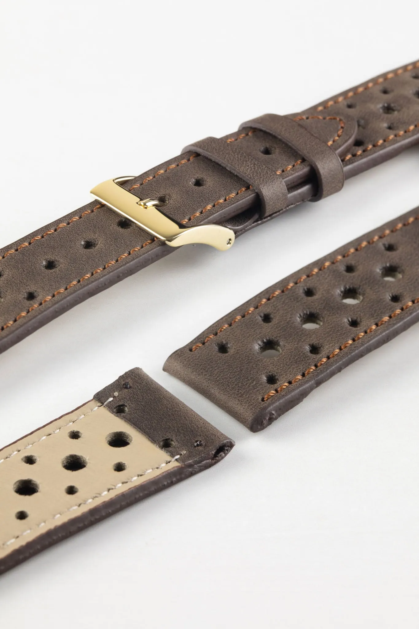 Pebro RACING Perforated Leather Watch Strap in DARK BROWN