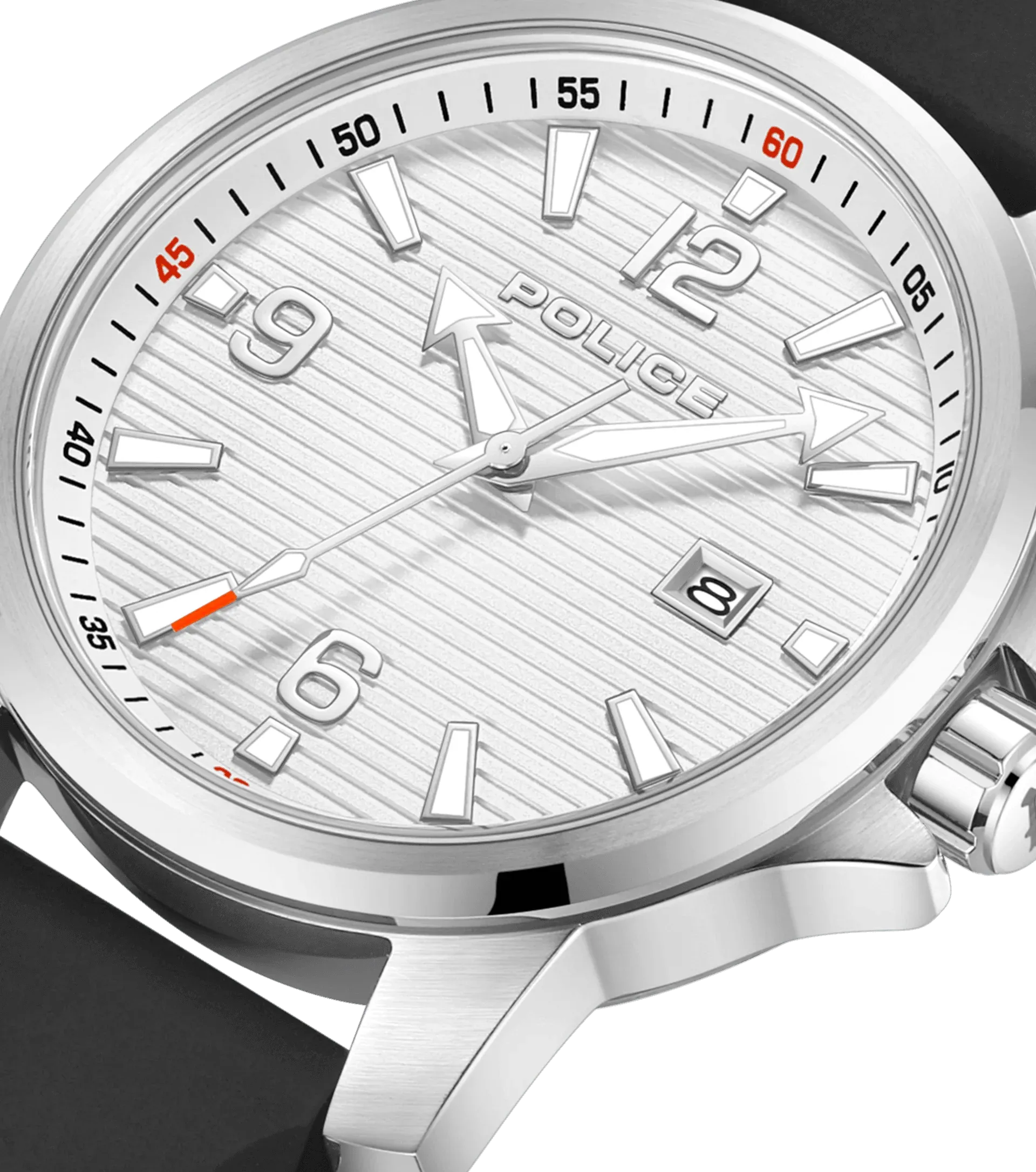 Police Mensor Gents Silver Dial Black Silicone Strap Watch