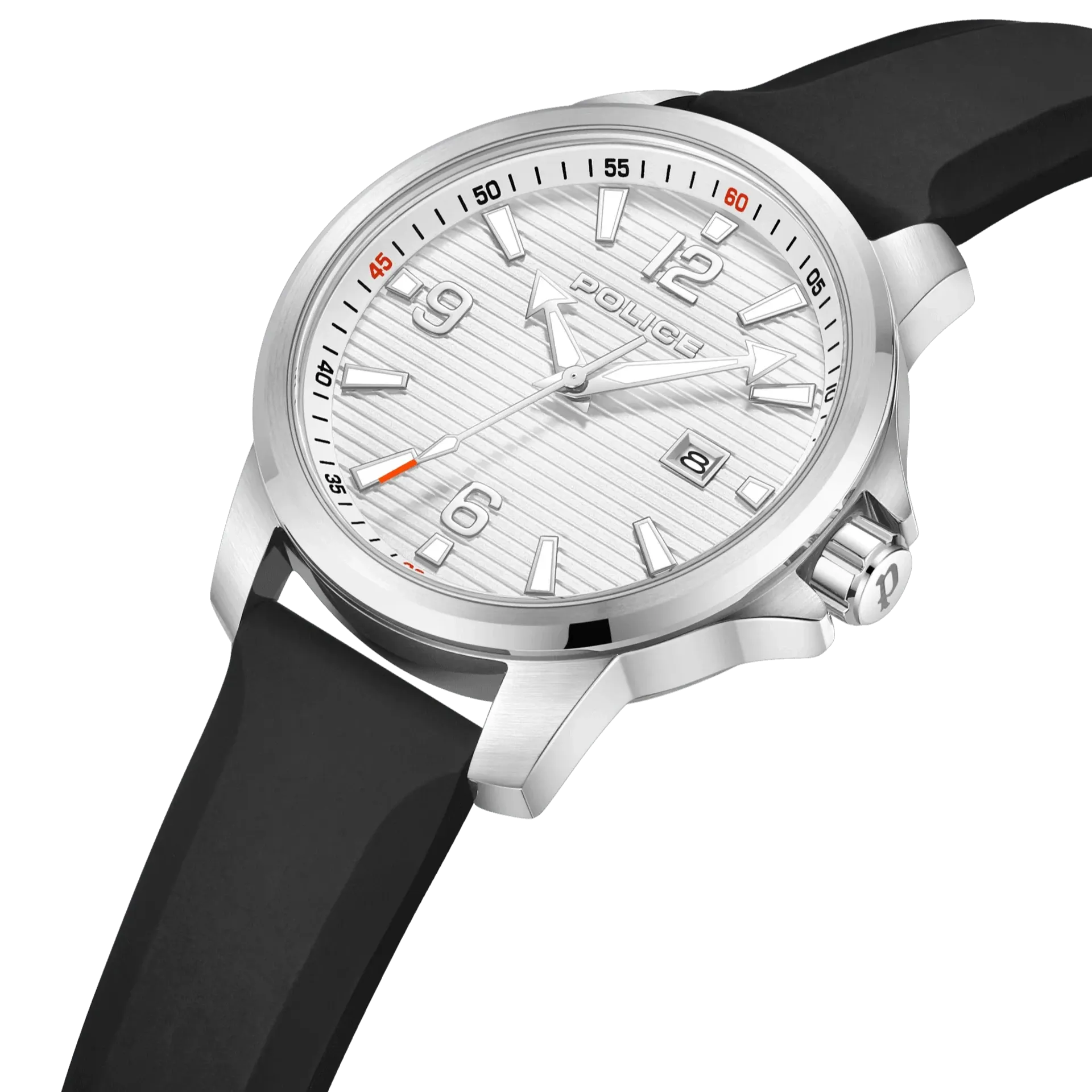 Police Mensor Gents Silver Dial Black Silicone Strap Watch