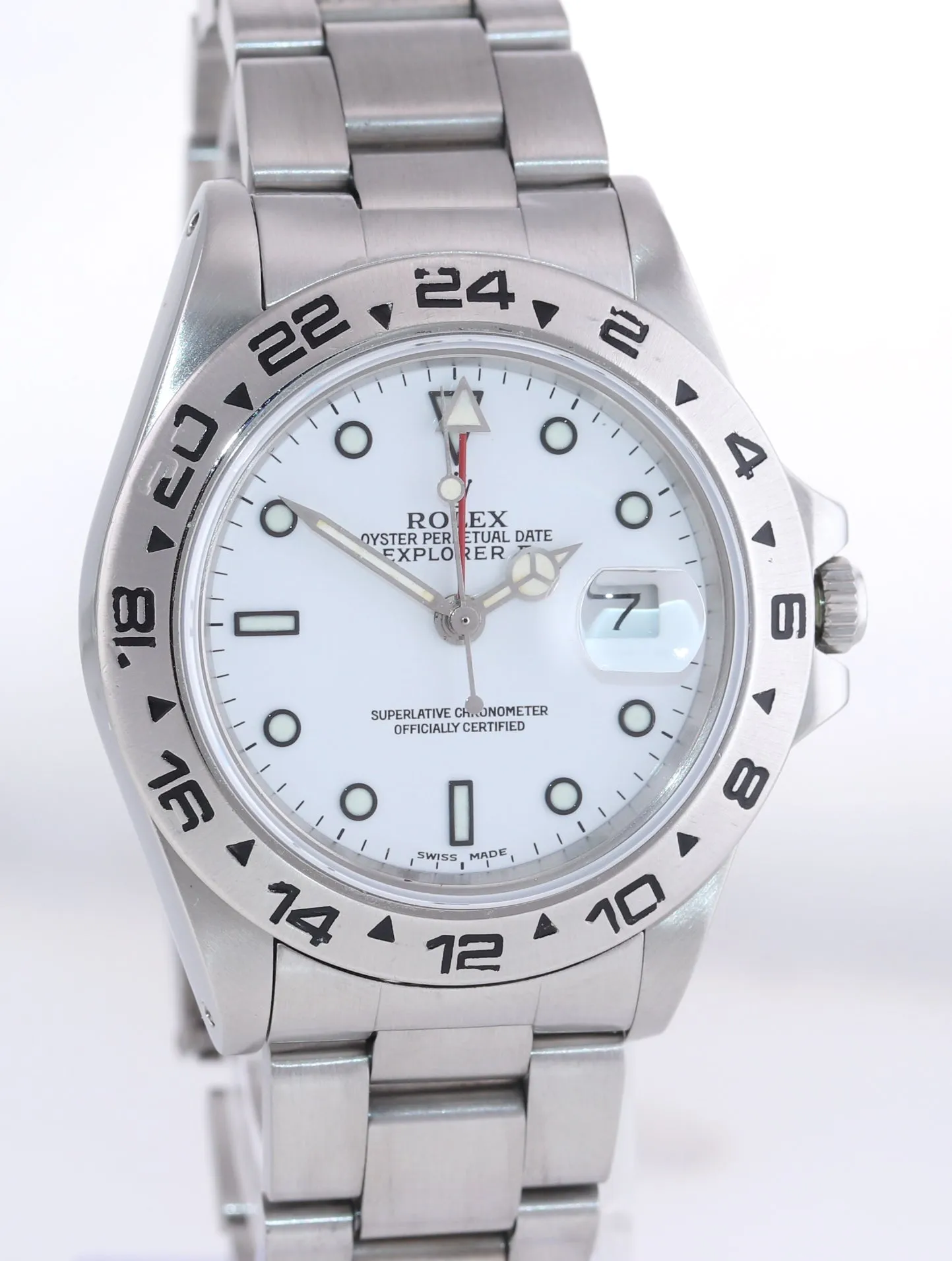 RARE Rolex Explorer II 16550 Fat Font Steel Polar White Date GMT Date Watch