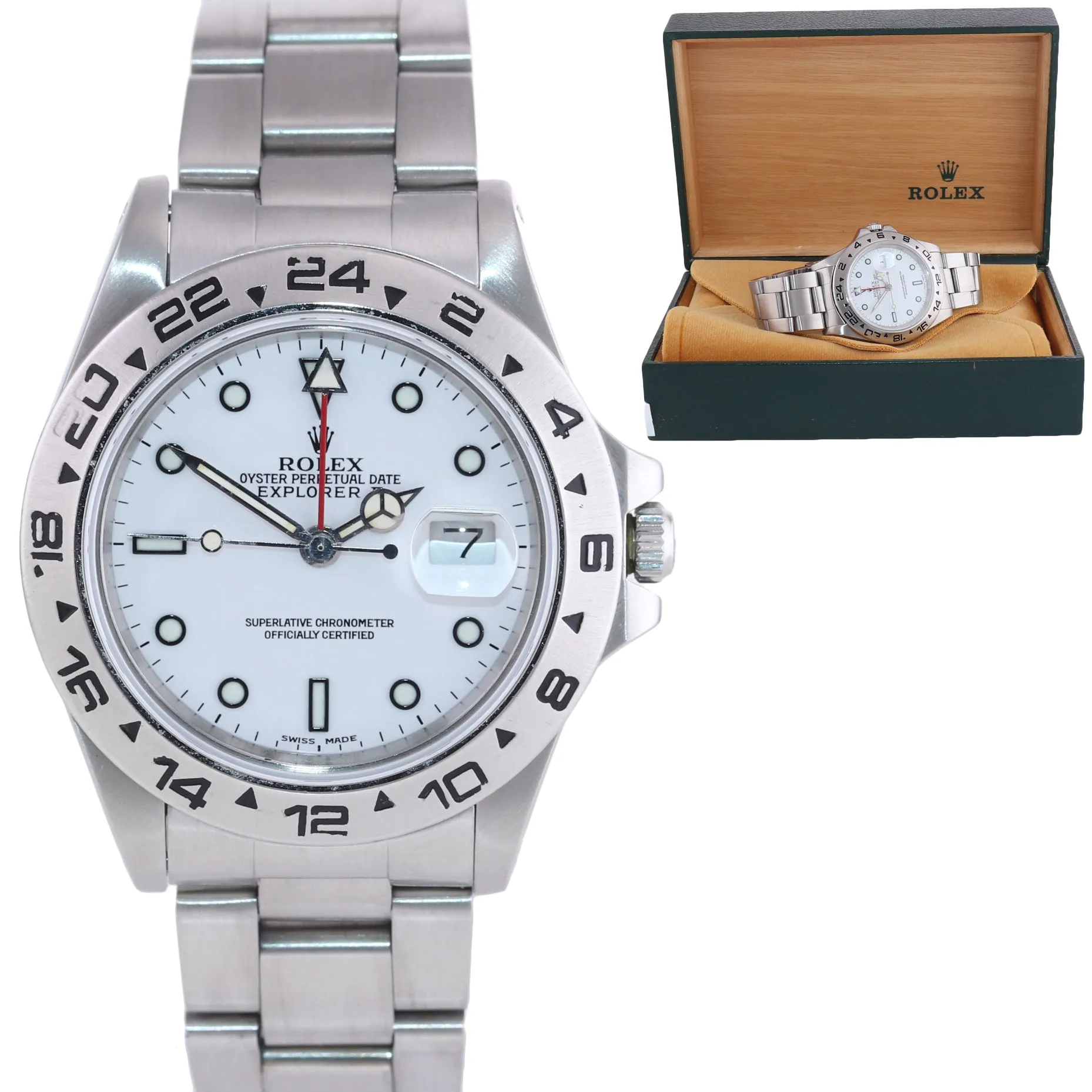 RARE Rolex Explorer II 16550 Fat Font Steel Polar White Date GMT Date Watch