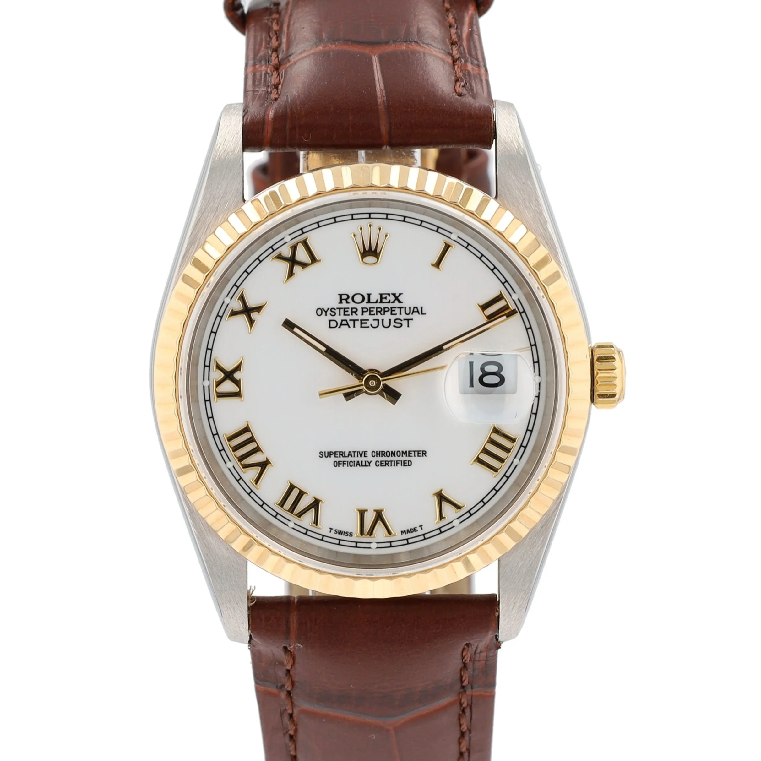 Rolex Datejust  16233 36mm White Roman Numeral Dial Fluted Bezel Brown Band