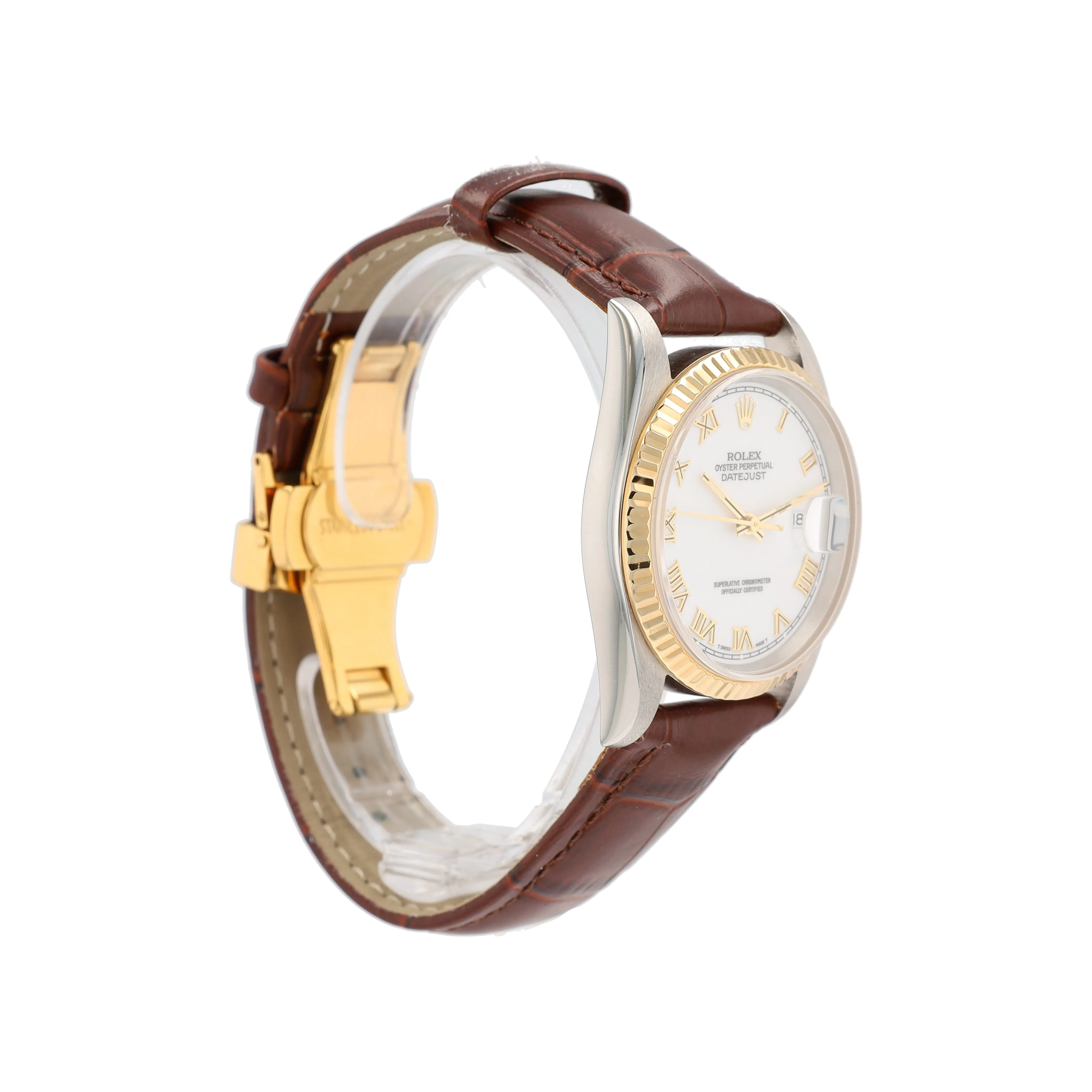 Rolex Datejust  16233 36mm White Roman Numeral Dial Fluted Bezel Brown Band