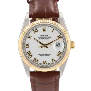 Rolex Datejust  16233 36mm White Roman Numeral Dial Fluted Bezel Brown Band