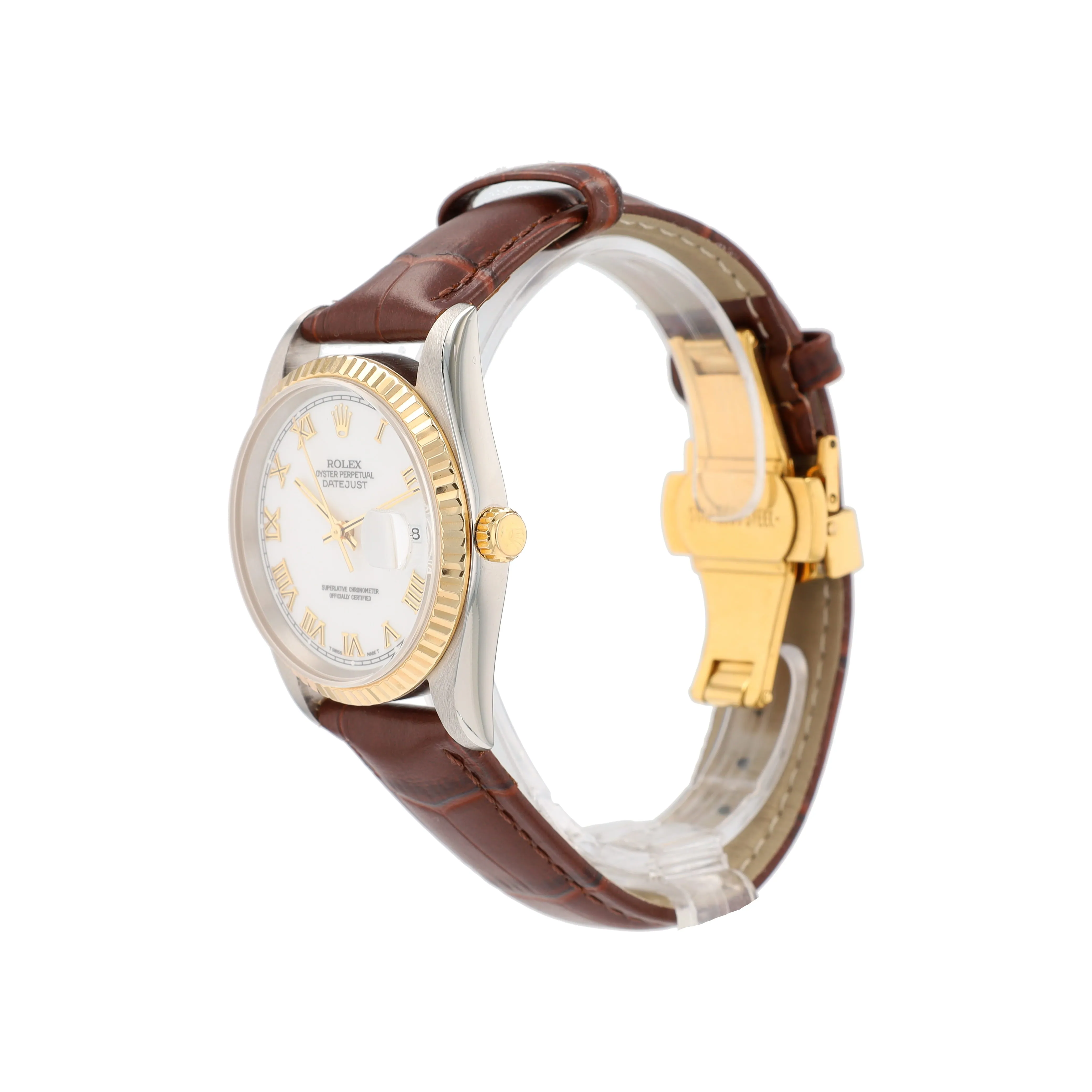 Rolex Datejust  16233 36mm White Roman Numeral Dial Fluted Bezel Brown Band