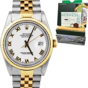 Rolex DateJust 36mm 18K Yellow Gold Steel No-Holes Case White Watch 16233 PAPERS