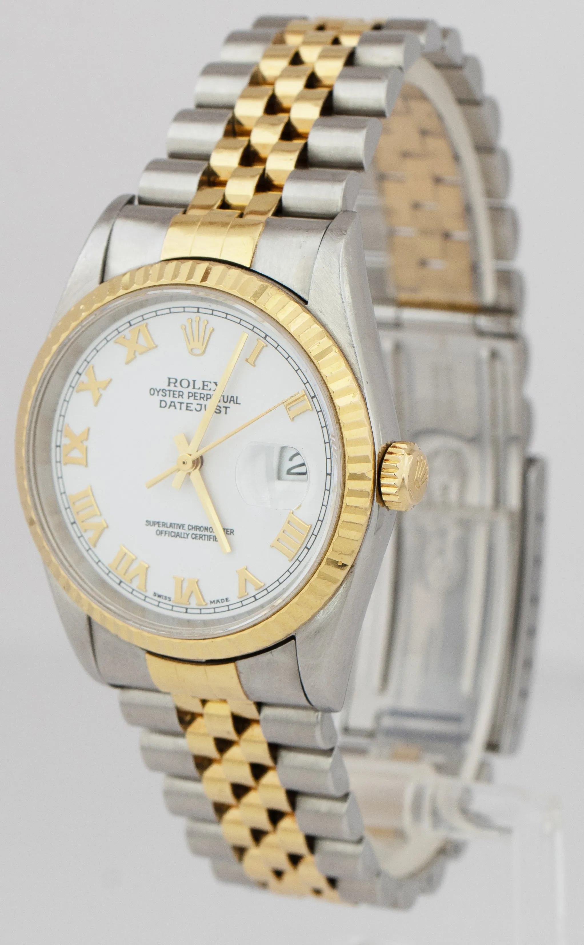 Rolex DateJust 36mm 18K Yellow Gold Steel No-Holes Case White Watch 16233 PAPERS