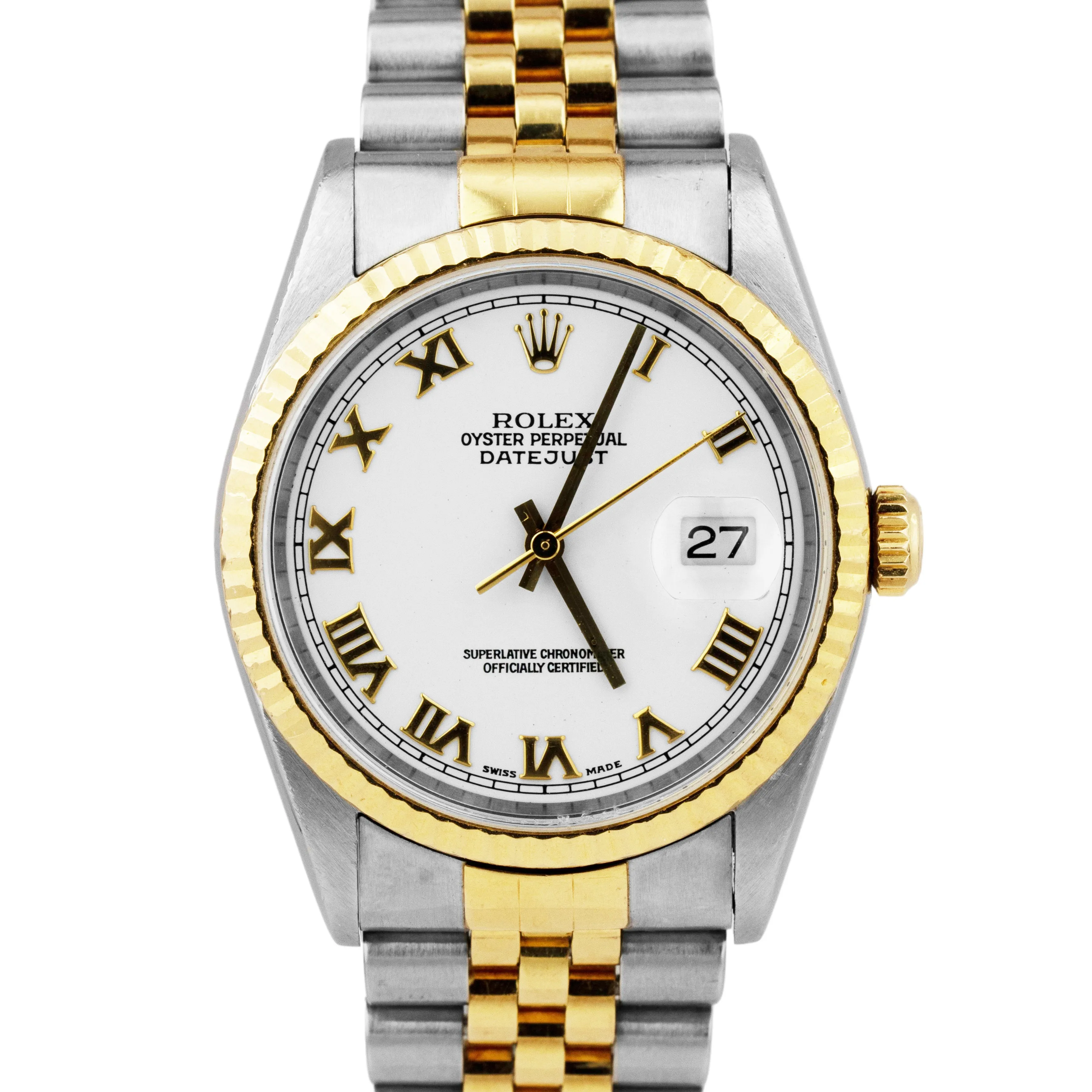 Rolex DateJust 36mm 18K Yellow Gold Steel No-Holes Case White Watch 16233 PAPERS