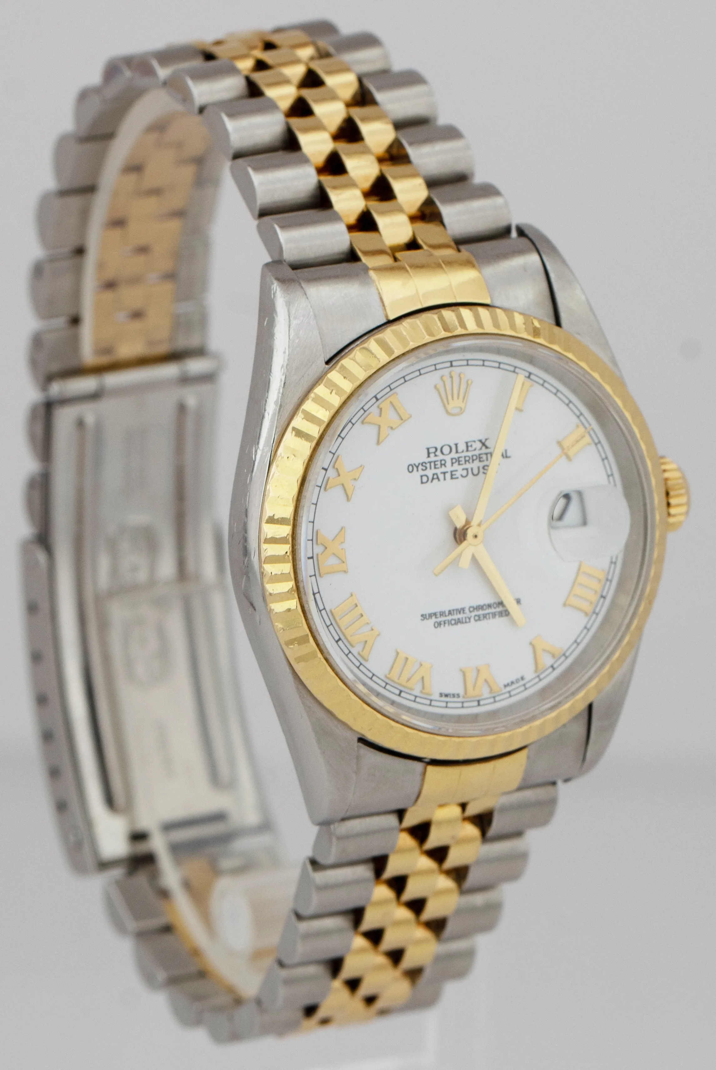 Rolex DateJust 36mm 18K Yellow Gold Steel No-Holes Case White Watch 16233 PAPERS