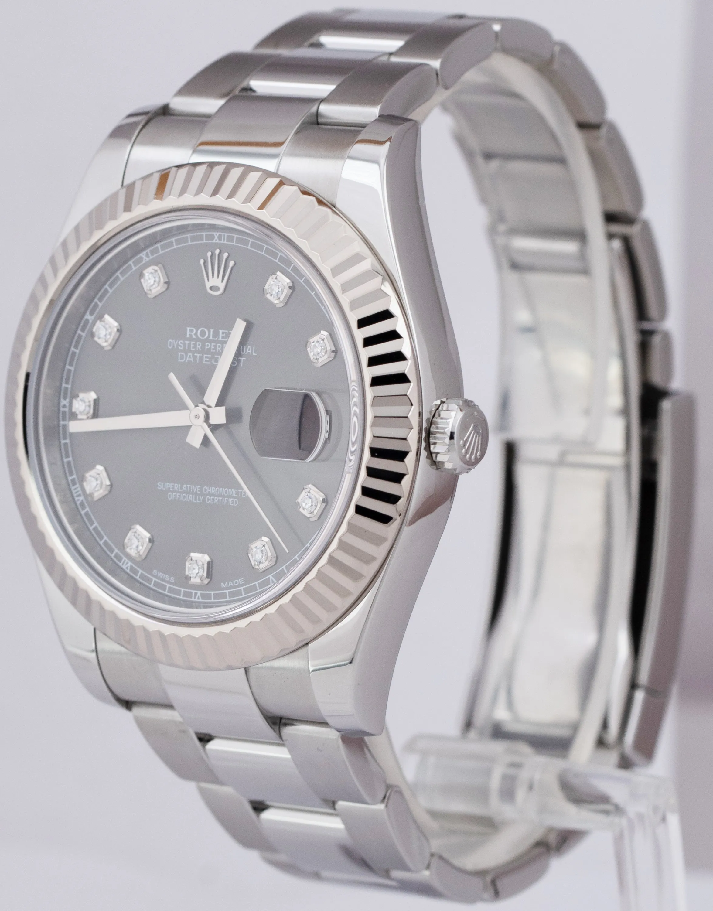 Rolex DateJust II 41mm Rhodium DIAMOND 41mm Fluted Oyster Steel Watch 116334