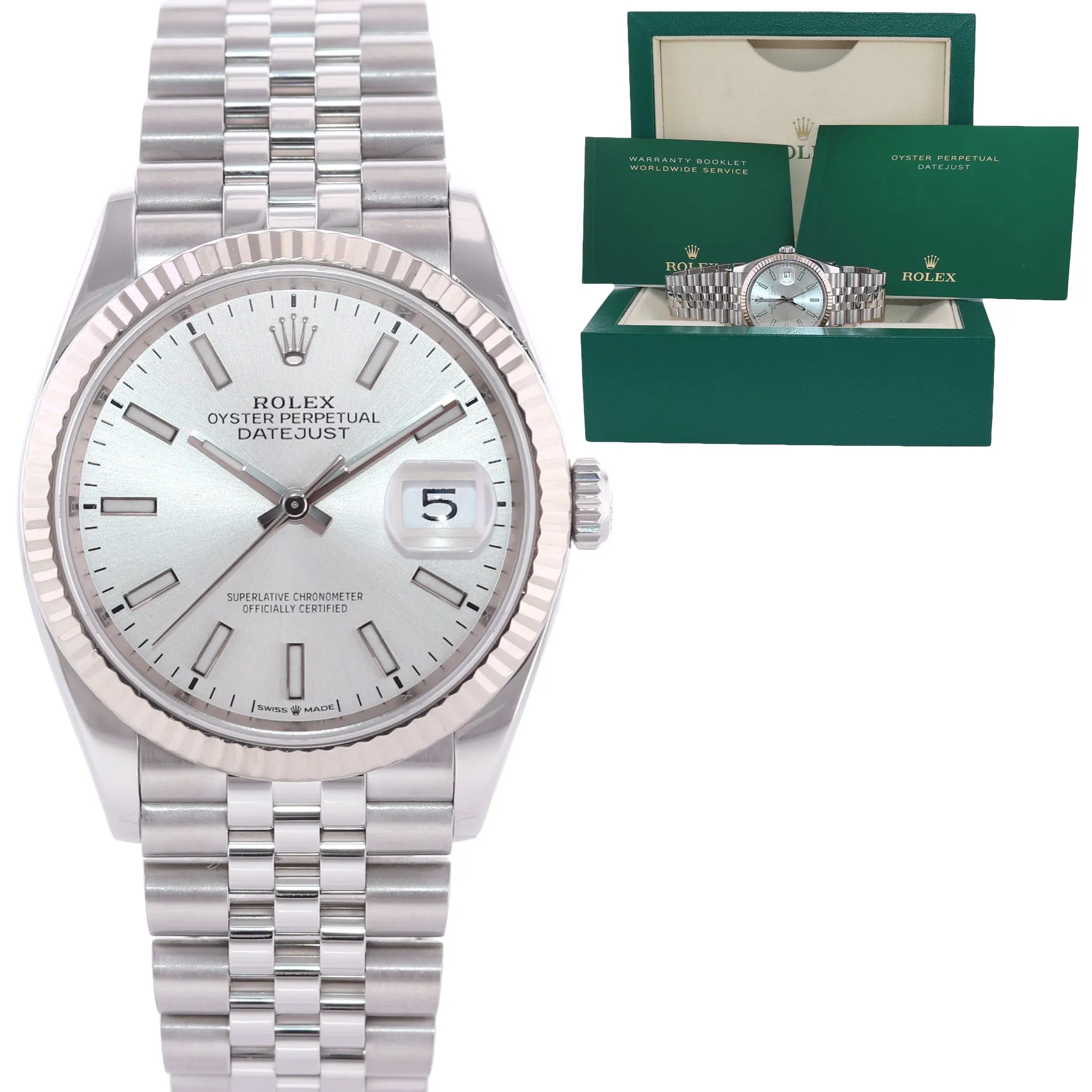 Rolex DateJust Silver Stick Jubilee 126234 Steel White Gold Fluted Watch Box