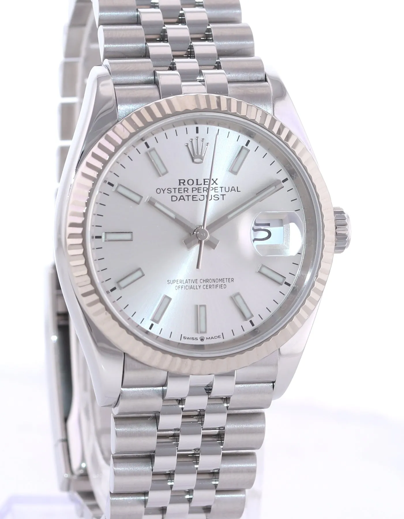 Rolex DateJust Silver Stick Jubilee 126234 Steel White Gold Fluted Watch Box