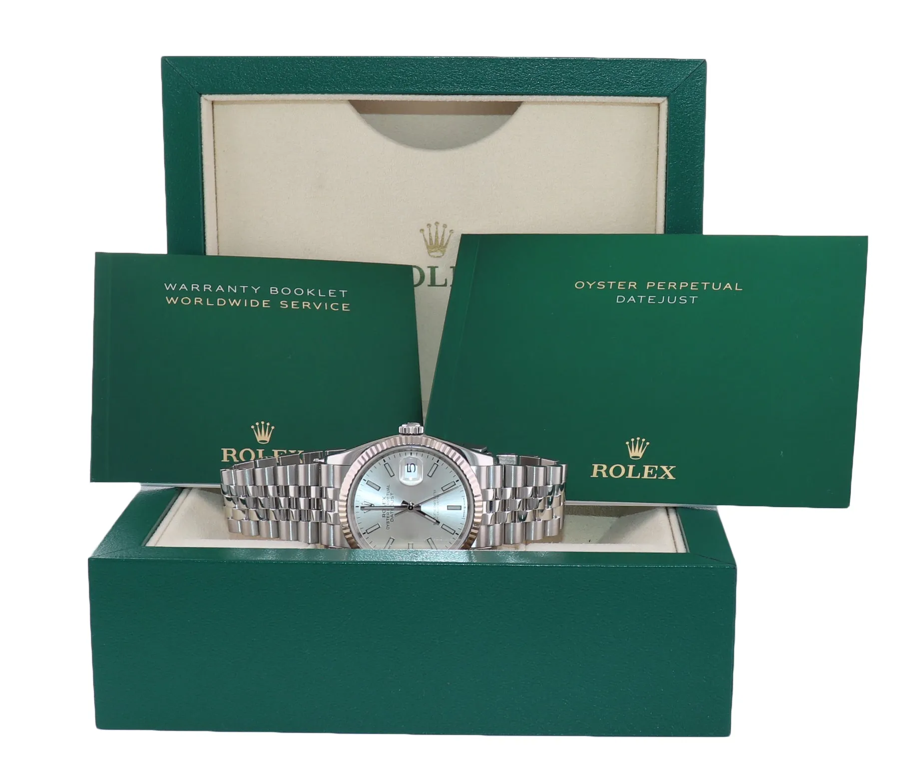 Rolex DateJust Silver Stick Jubilee 126234 Steel White Gold Fluted Watch Box