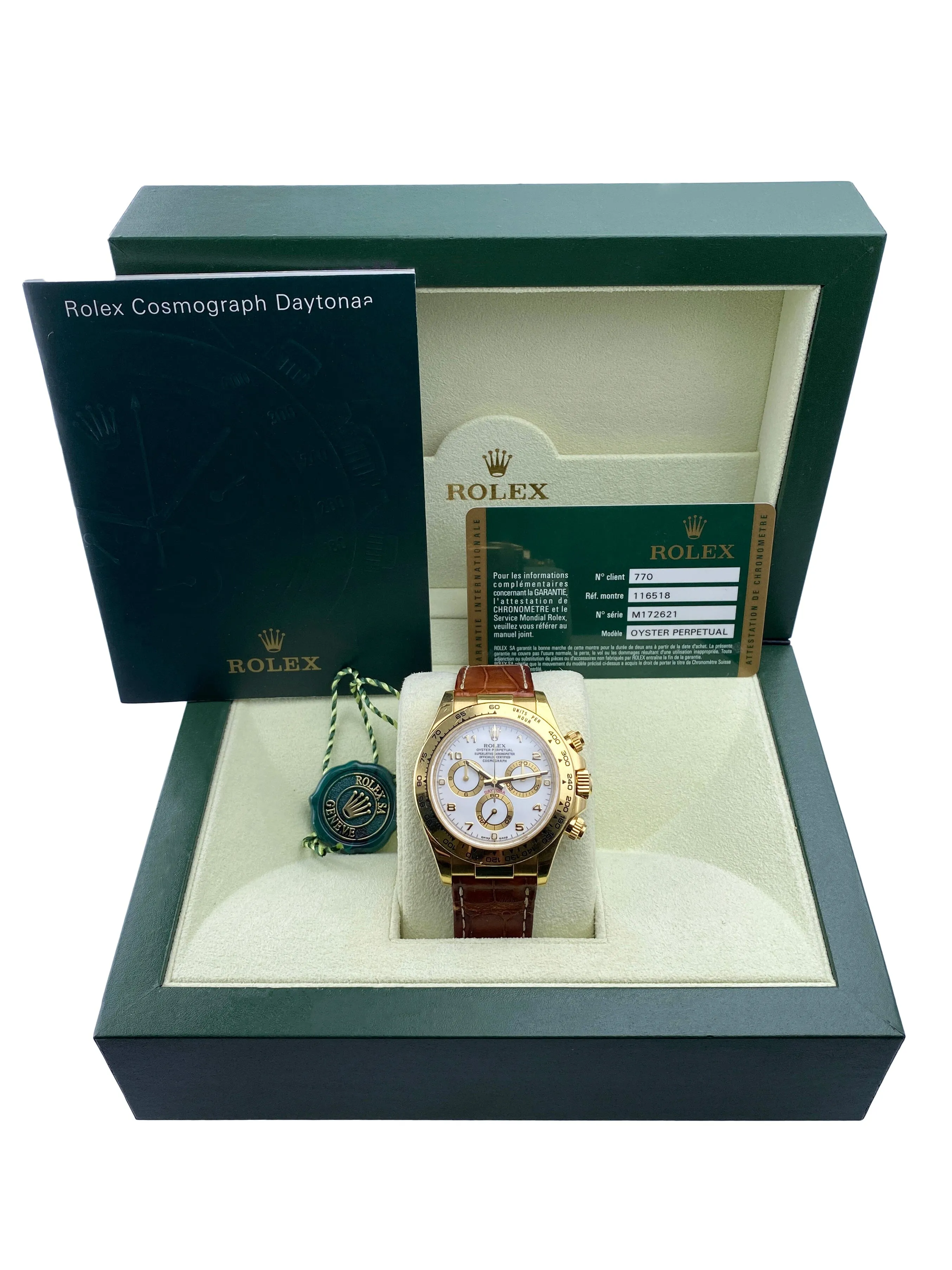 Rolex Daytona 116518 White dial Yellow Gold Mens Watch Box Papers