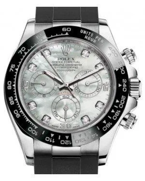 Rolex Daytona White Gold White Mother Of Pearl Diamond Dial Ceramic Bezel Oysterflex Rubber Bracelet 116519LN - NEW