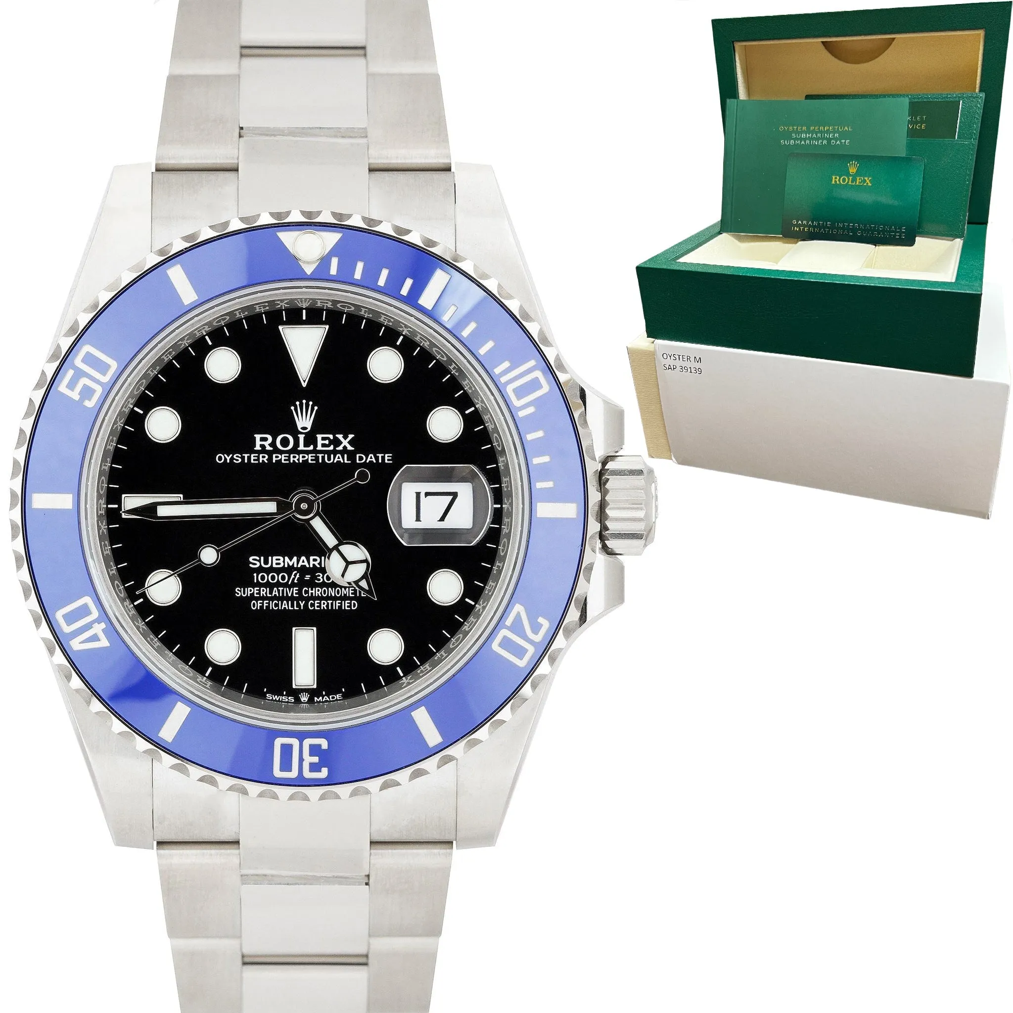 Rolex NEW CARD Submariner 41 Date BLUEBERRY White Gold Blue Watch 126619 LB B P