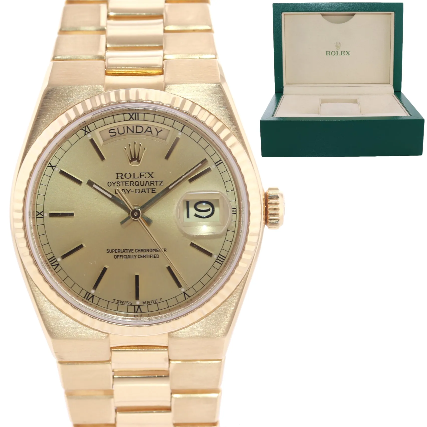 Rolex OysterQuartz Day Date President 19018 Solid 18k Yellow Gold Watch Box
