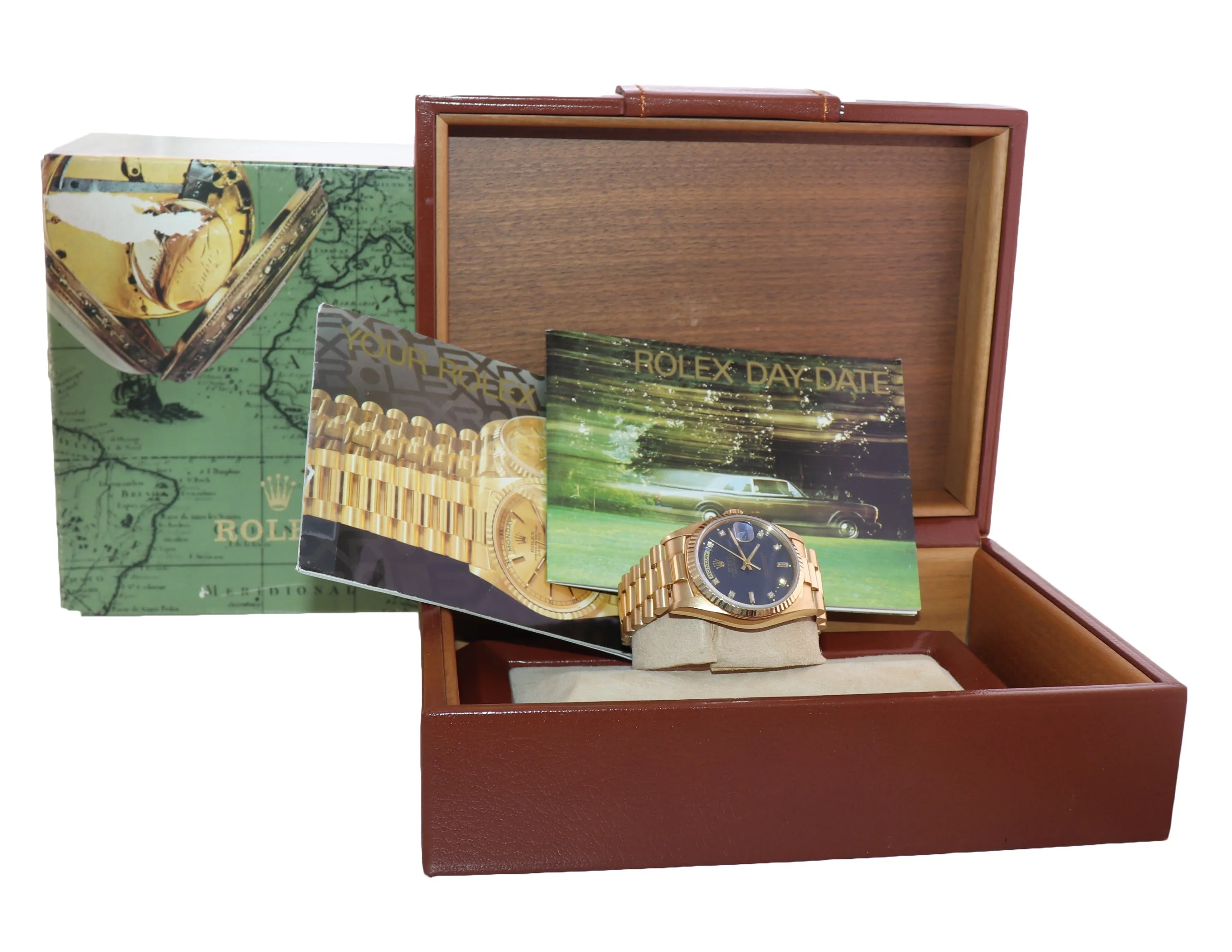 Rolex President Blue Diamond Double Quick Yellow Gold Watch 18238 Box