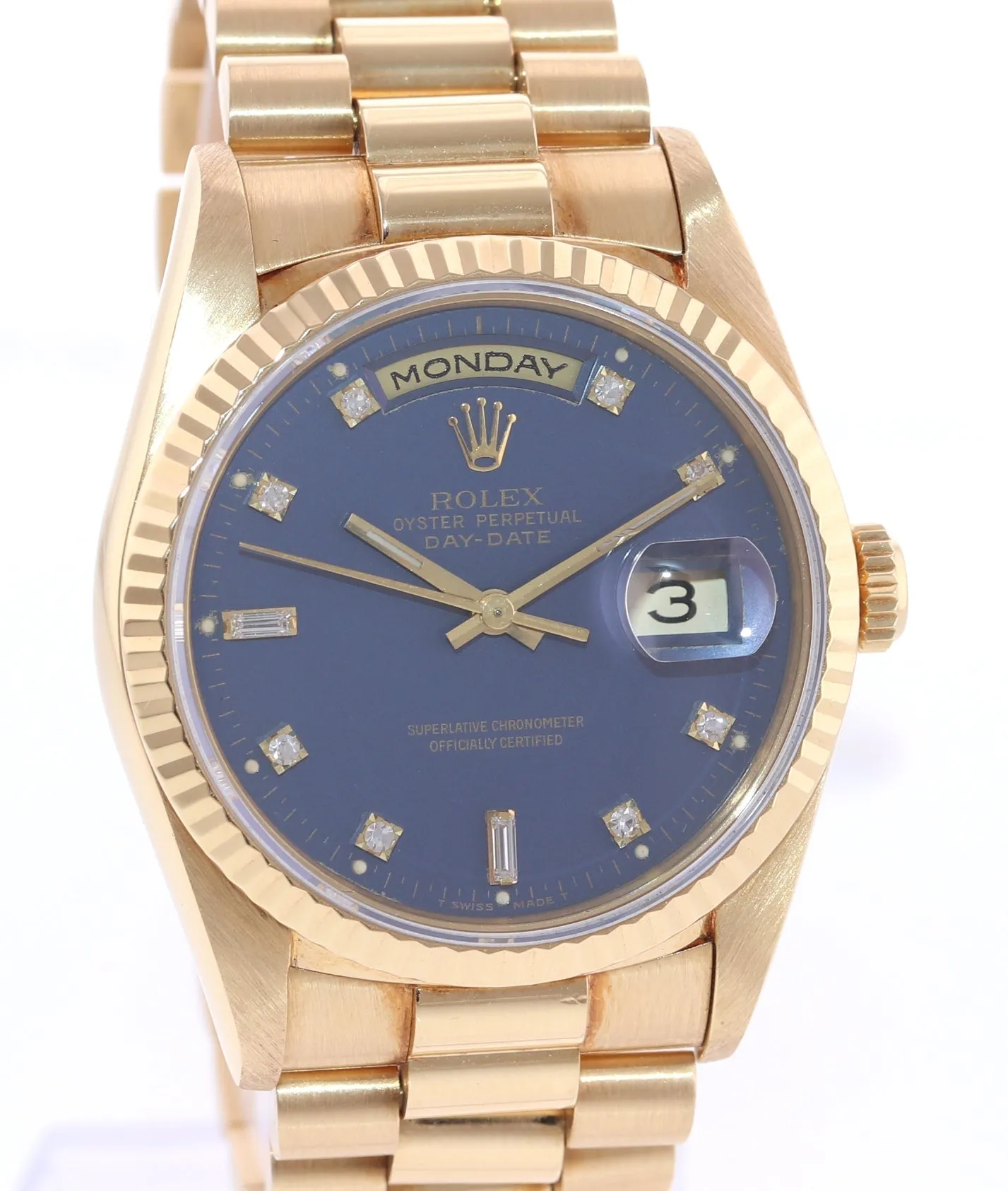Rolex President Blue Diamond Double Quick Yellow Gold Watch 18238 Box