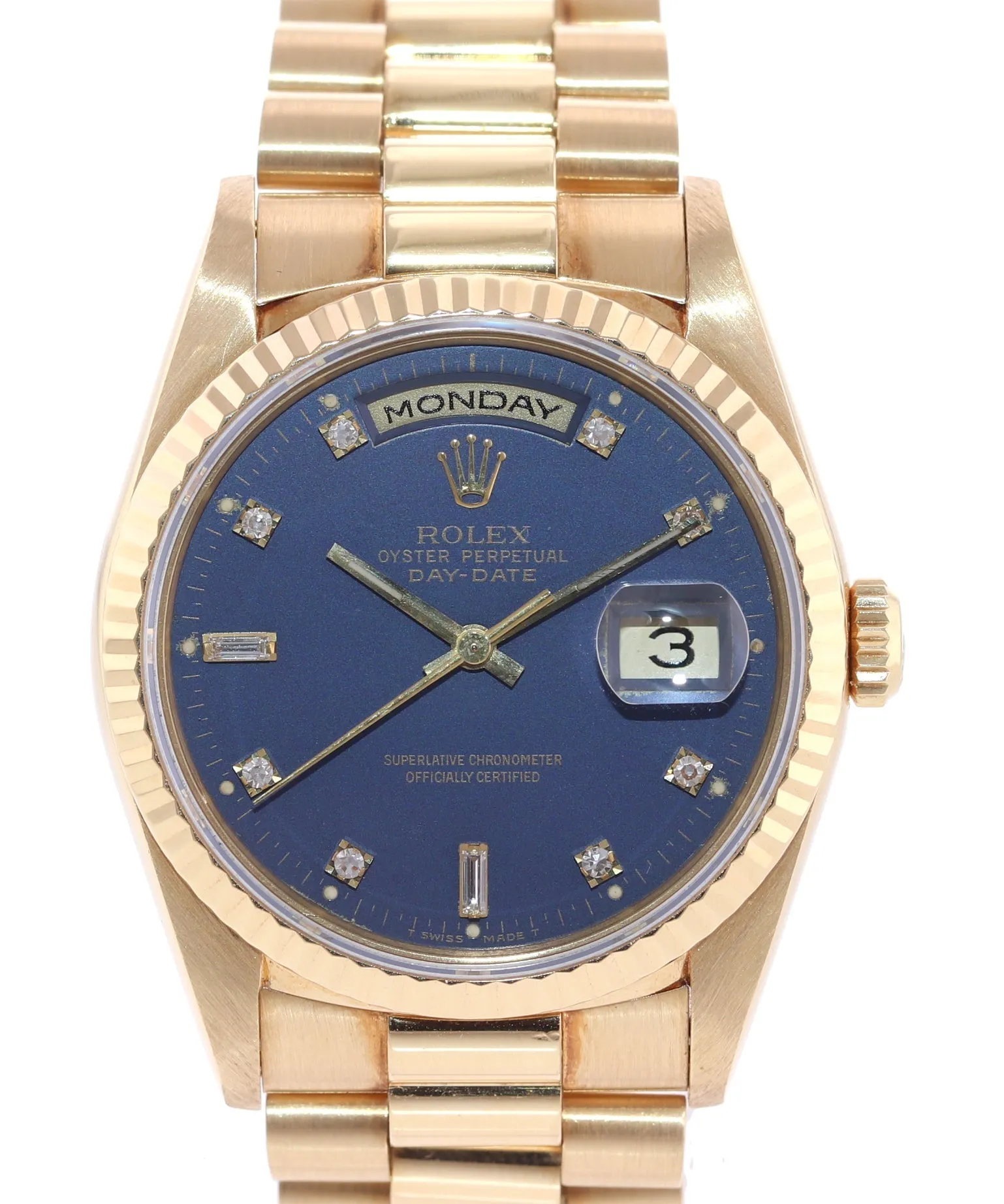 Rolex President Blue Diamond Double Quick Yellow Gold Watch 18238 Box