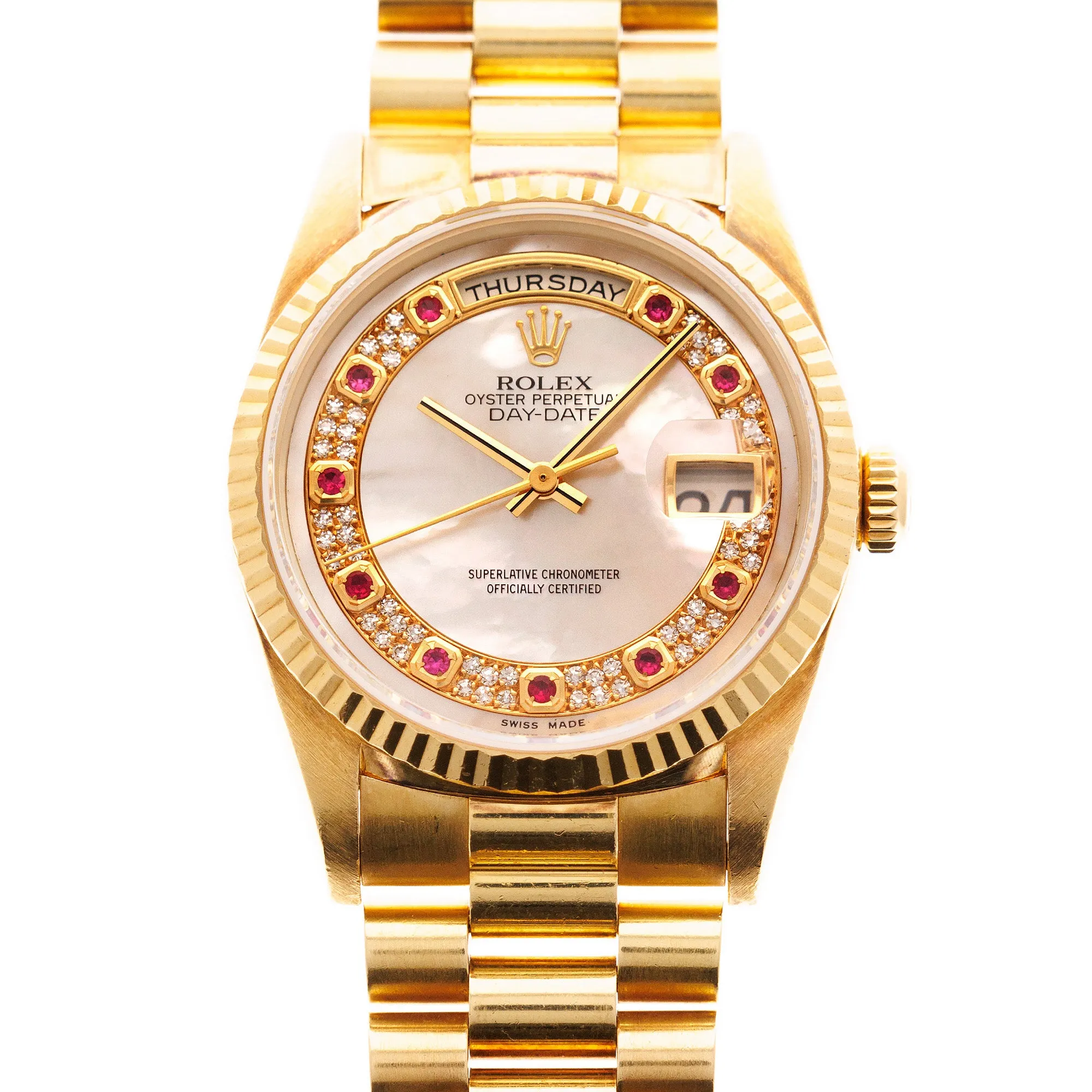 Rolex Yellow Gold Day-Date 18238 with Mother of Pearl and Ruby String Dial