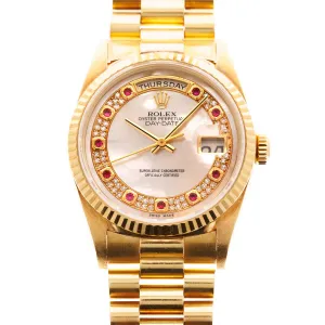 Rolex Yellow Gold Day-Date 18238 with Mother of Pearl and Ruby String Dial