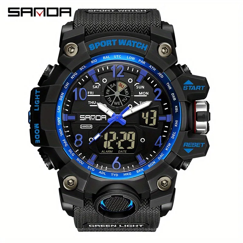 SANDA Men's Watch, Multi Display LED Digital Calendar Stop Watch Drop Resistant Watch FS