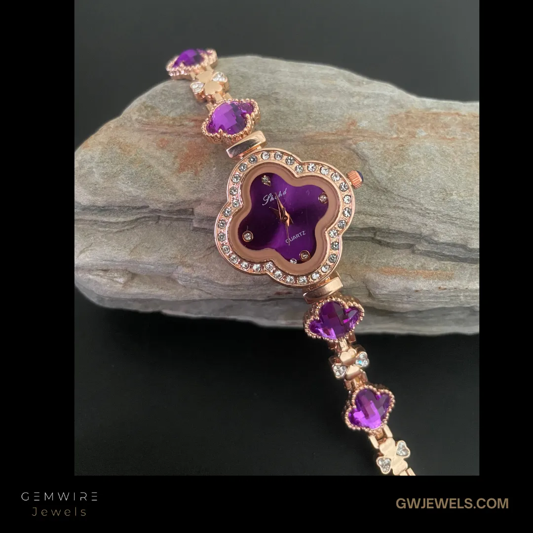 Sleek Bracelet Style Golden Purple Ladies Watch