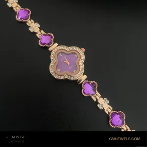 Sleek Bracelet Style Golden Purple Ladies Watch