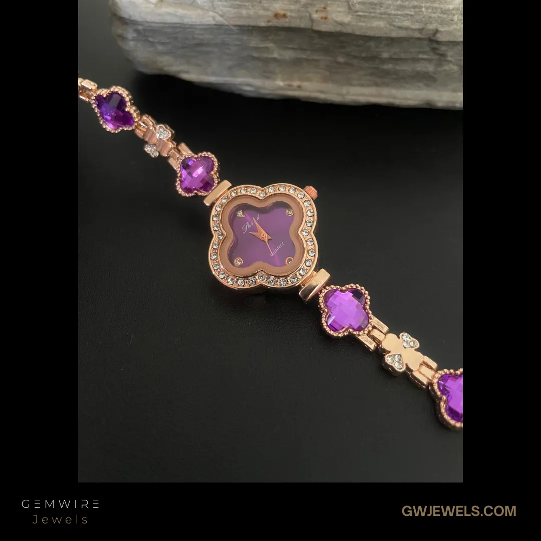 Sleek Bracelet Style Golden Purple Ladies Watch