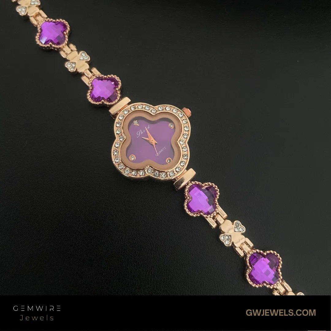 Sleek Bracelet Style Golden Purple Ladies Watch