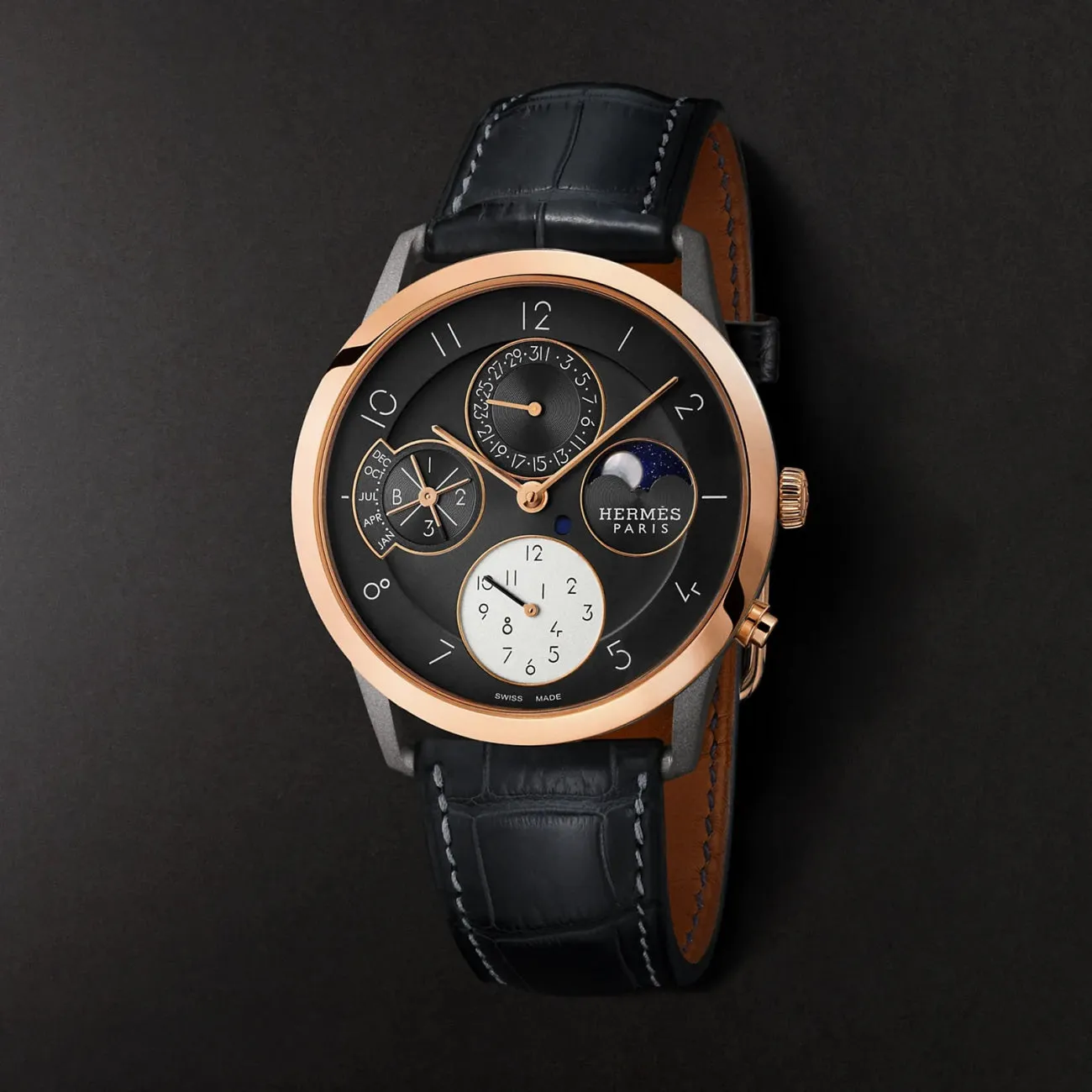 SLIM D - GRAINED HERMES QUANTIEME PERPETUEL LARGE WATCH