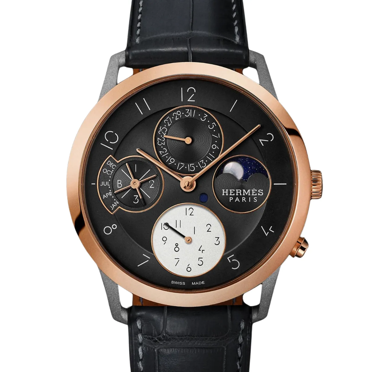 SLIM D - GRAINED HERMES QUANTIEME PERPETUEL LARGE WATCH