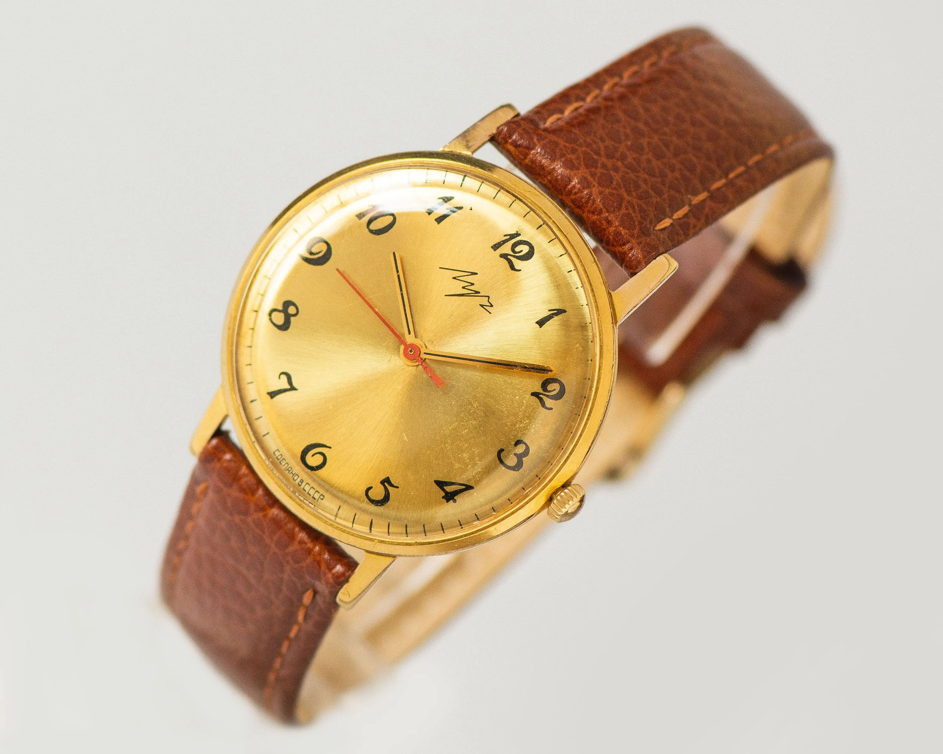 Slim unisex wristwatch Ray, oversized women watch gold plated vintage gift, yellow dial men watch Arabic numerals, new premium leather strap