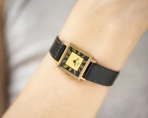 Square women's watch vintage, classic woman watch Ray, gold plated woman watch, Roman numerals watch black dial, new premium leather strap