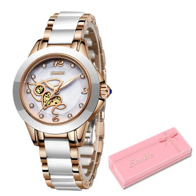 SUNKTA Diamond, Ceramic Strap,  Waterproof Women's Watch