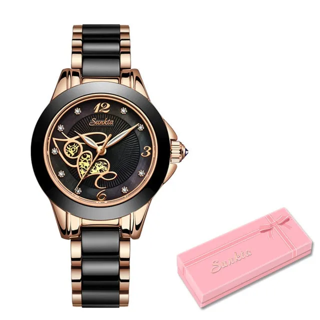 SUNKTA Diamond, Ceramic Strap,  Waterproof Women's Watch