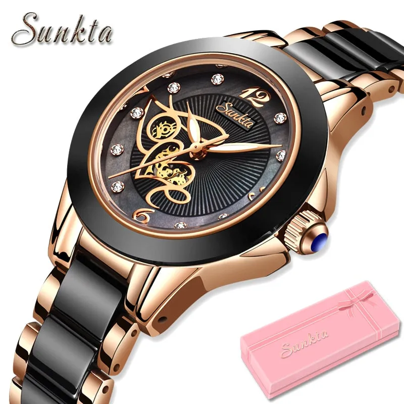 SUNKTA Diamond, Ceramic Strap,  Waterproof Women's Watch