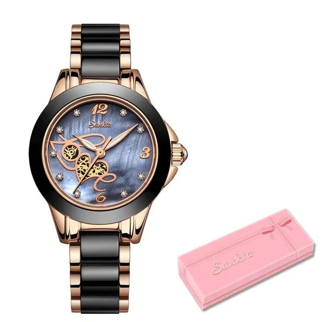 SUNKTA Diamond, Ceramic Strap,  Waterproof Women's Watch