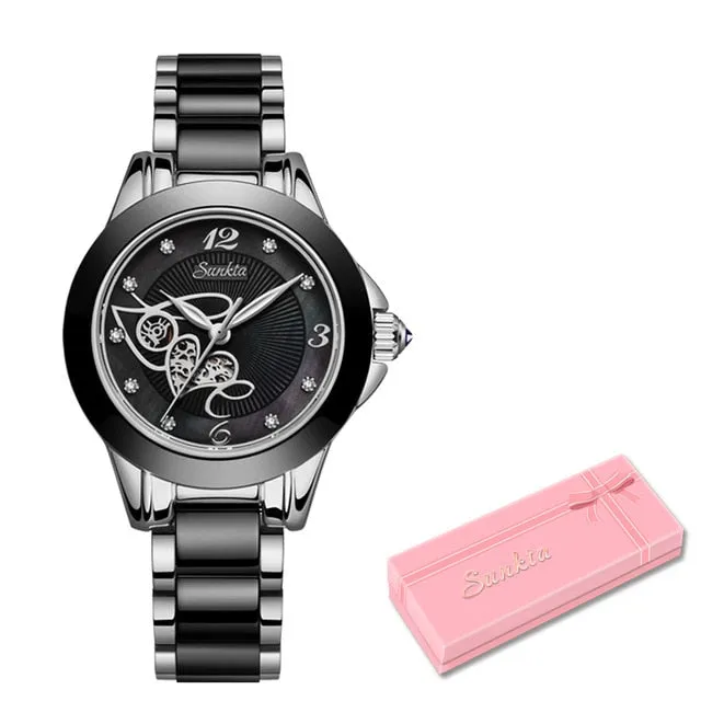 SUNKTA Diamond, Ceramic Strap,  Waterproof Women's Watch