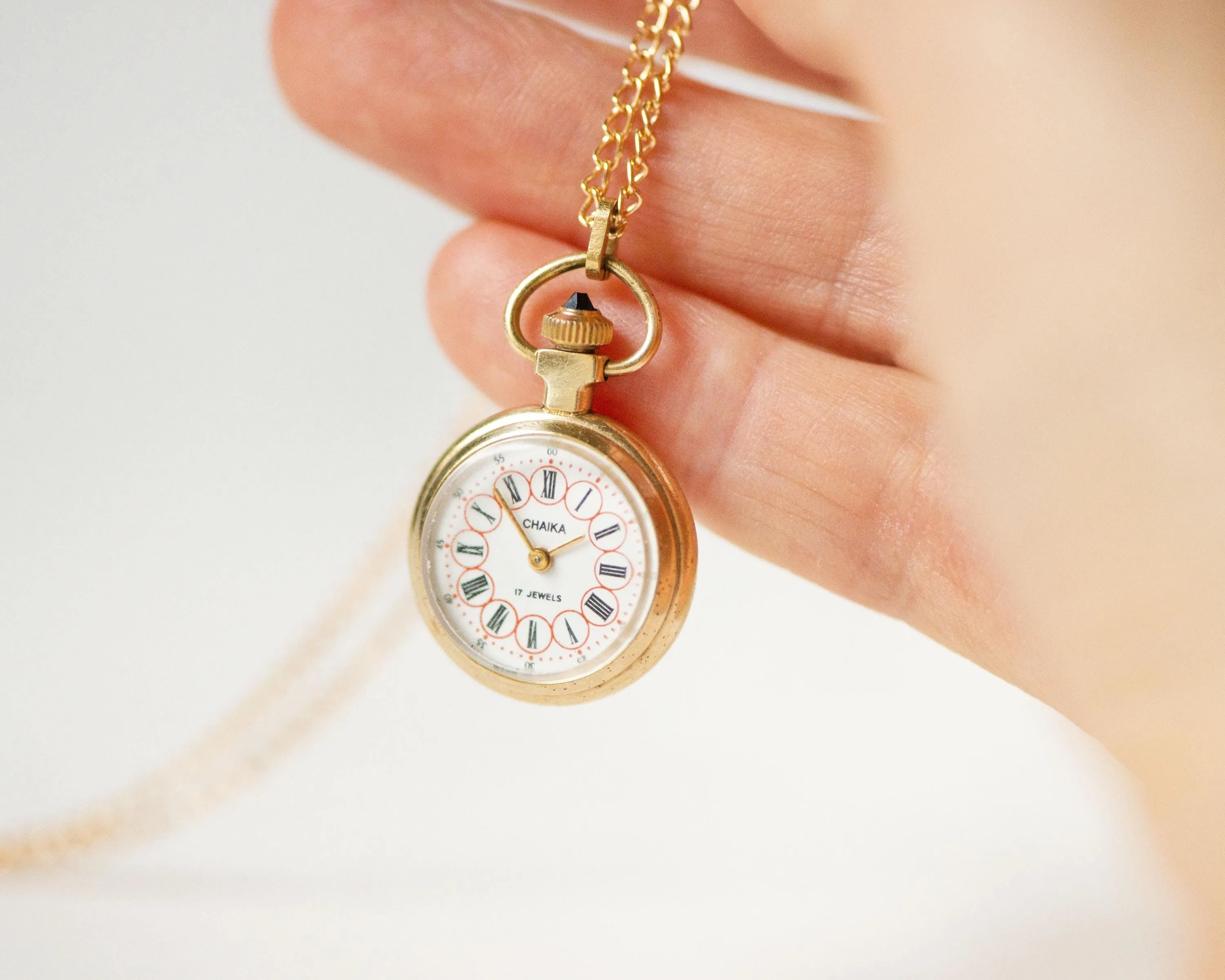 Super small watch necklace Seagull gold plated, lady pendant watch unique Roman numerals dial sunburst case cabochon crown jewelry gift