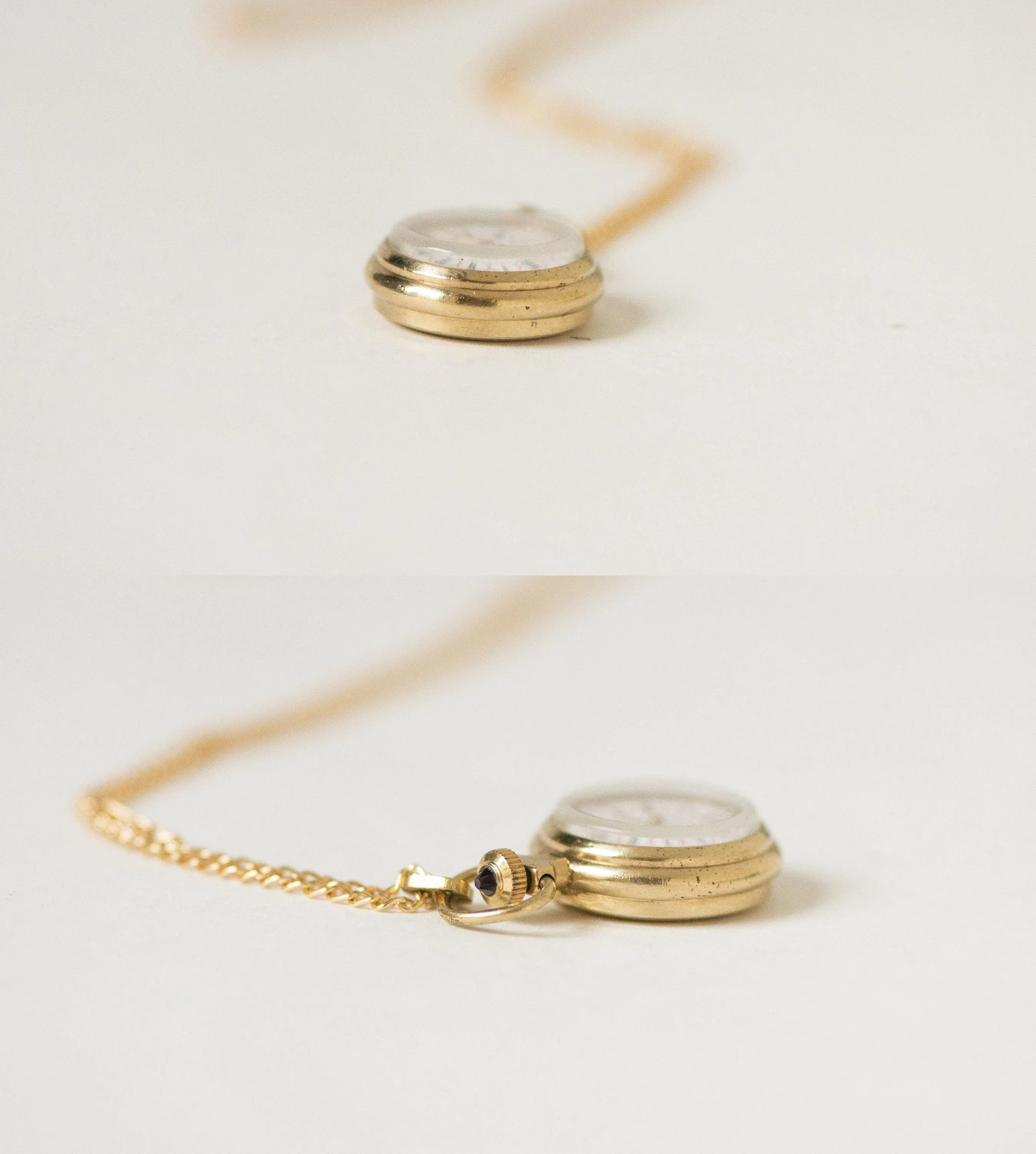 Super small watch necklace Seagull gold plated, lady pendant watch unique Roman numerals dial sunburst case cabochon crown jewelry gift